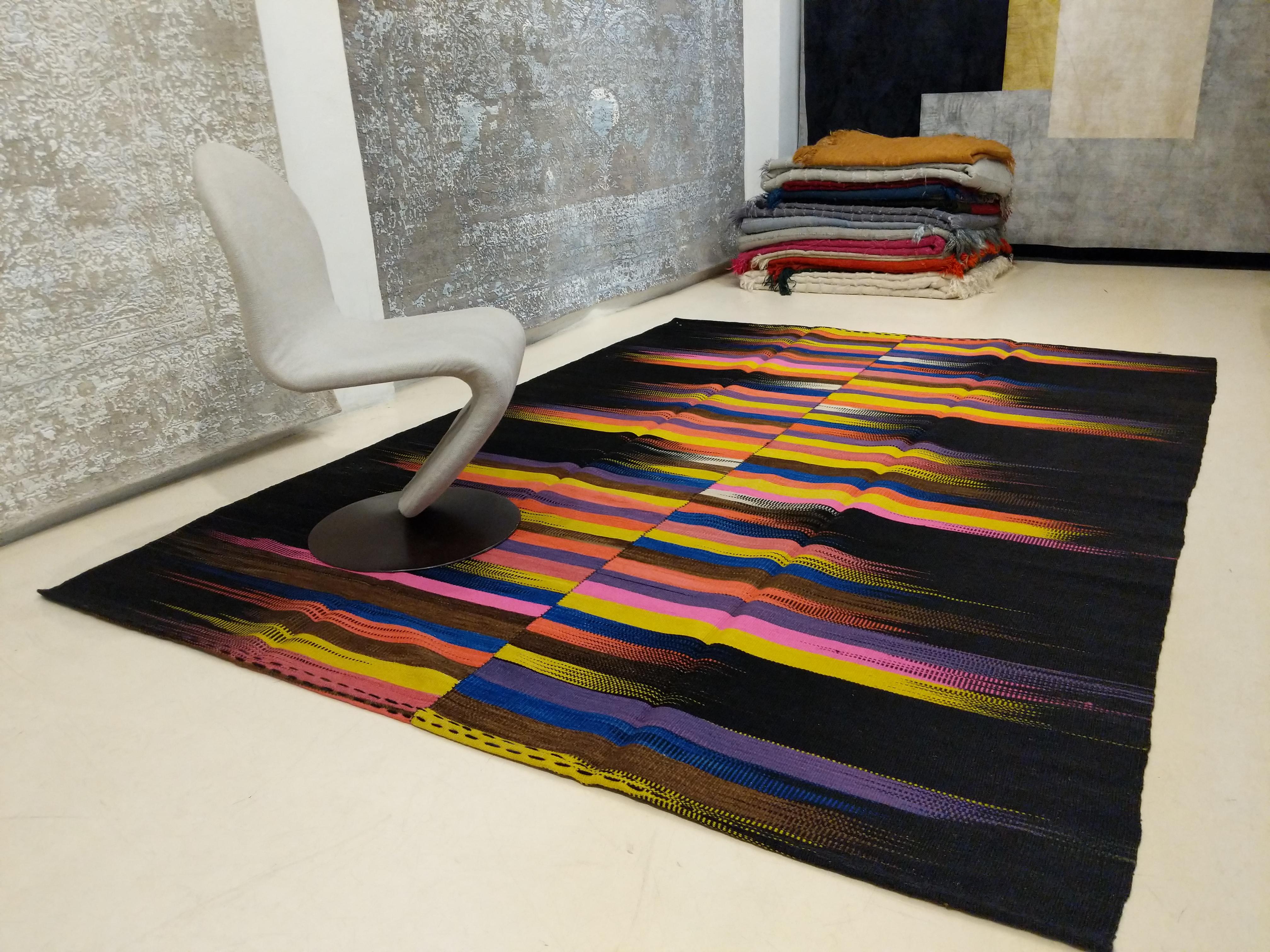 Wool Contemporary Anatolian Kilim Rug with Polychrome Flame Pattern on a Black Ground For Sale