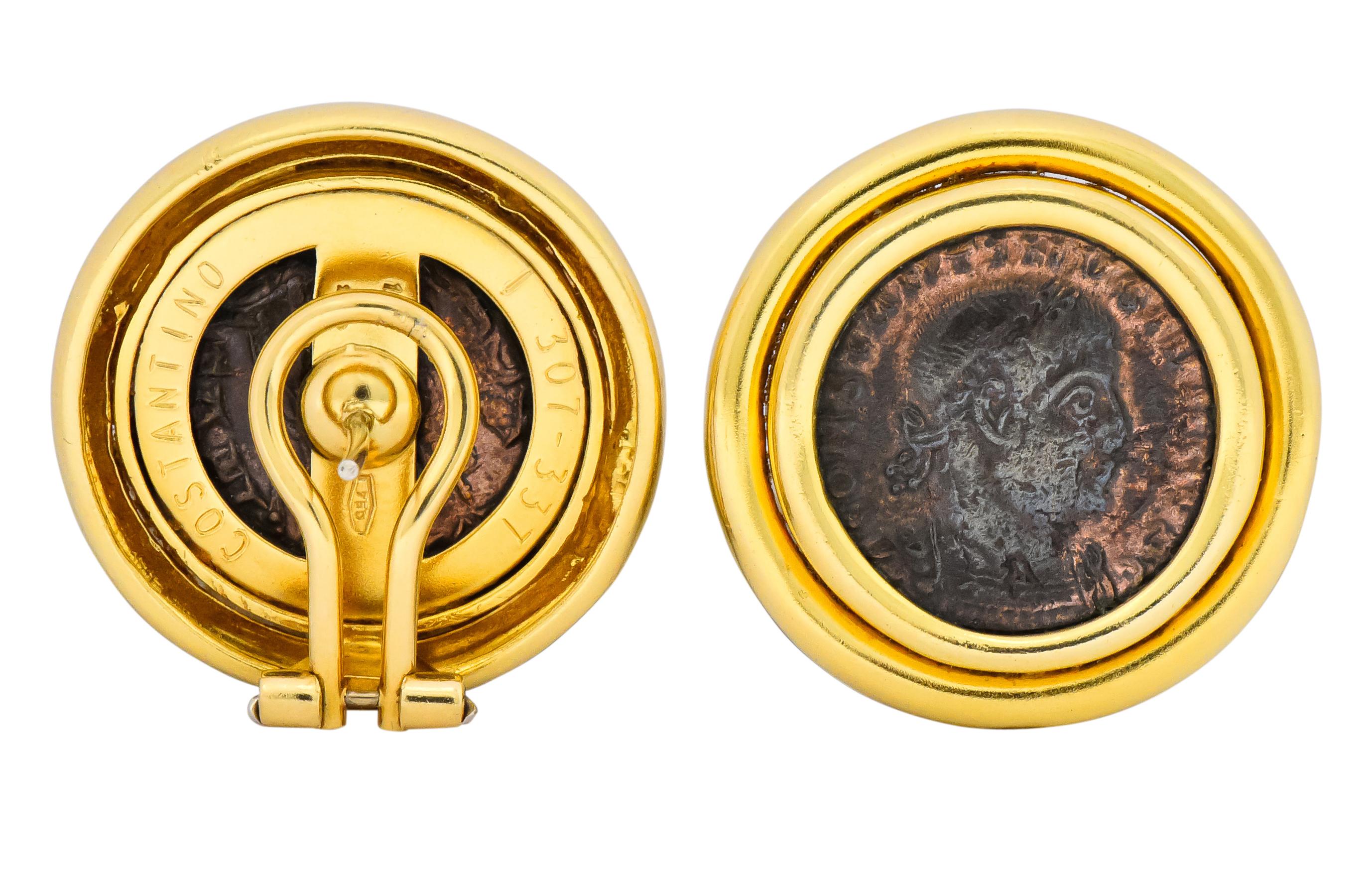 Women's or Men's Contemporary Ancient Roman Coin 18 Karat Gold Earrings Constantino