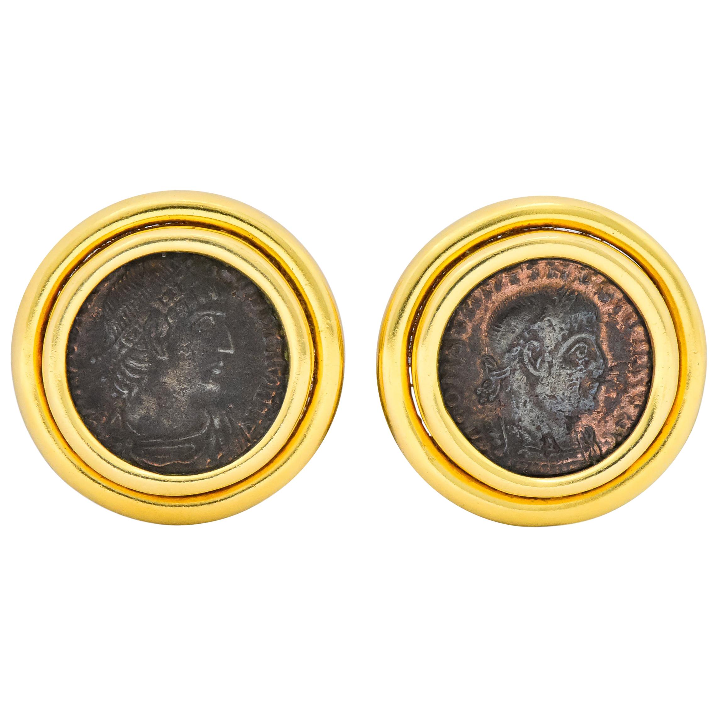 Contemporary Ancient Roman Coin 18 Karat Gold Earrings Constantino