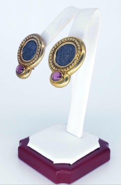 Antique Ancient Roman Coin Sapphire Cabochon Earrings