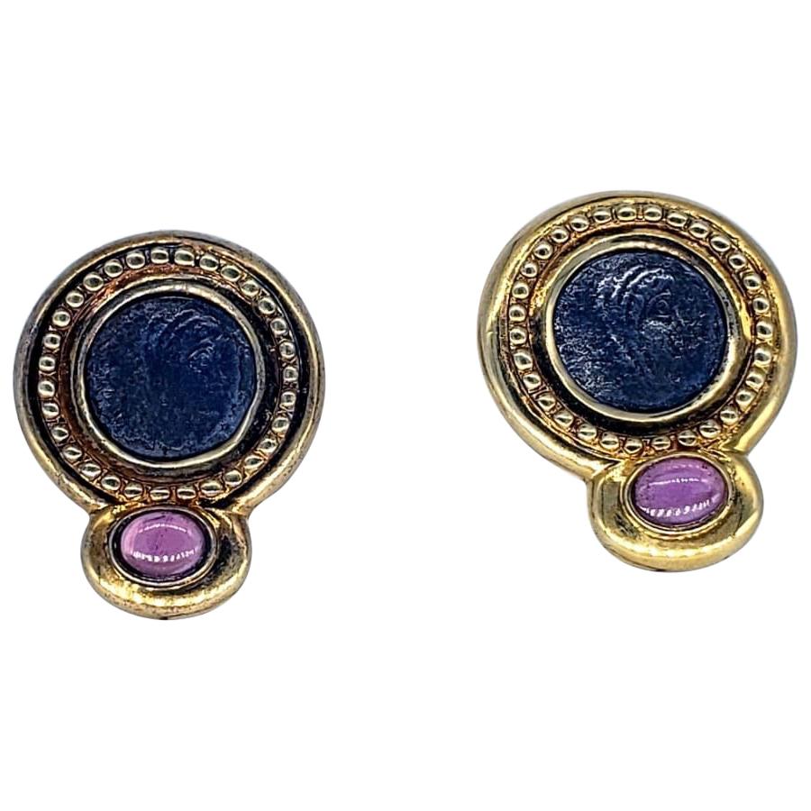 Antique Ancient Roman Coin Sapphire Cabochon Earrings For Sale