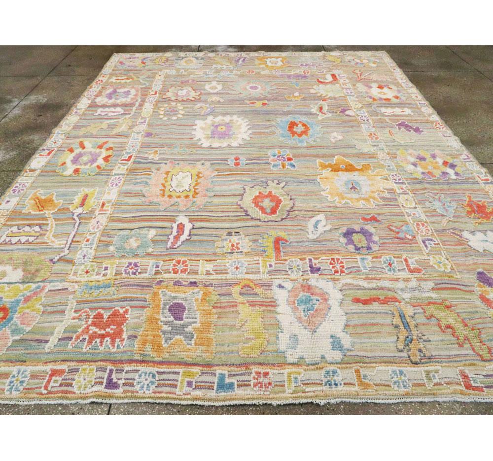 Contemporary and Colorful Handmade Turkish Souf Oushak Room Size Carpet In New Condition In New York, NY