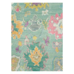Contemporary and Colorful Turkish Souf Oushak Room Size Carpet in Pink and Green