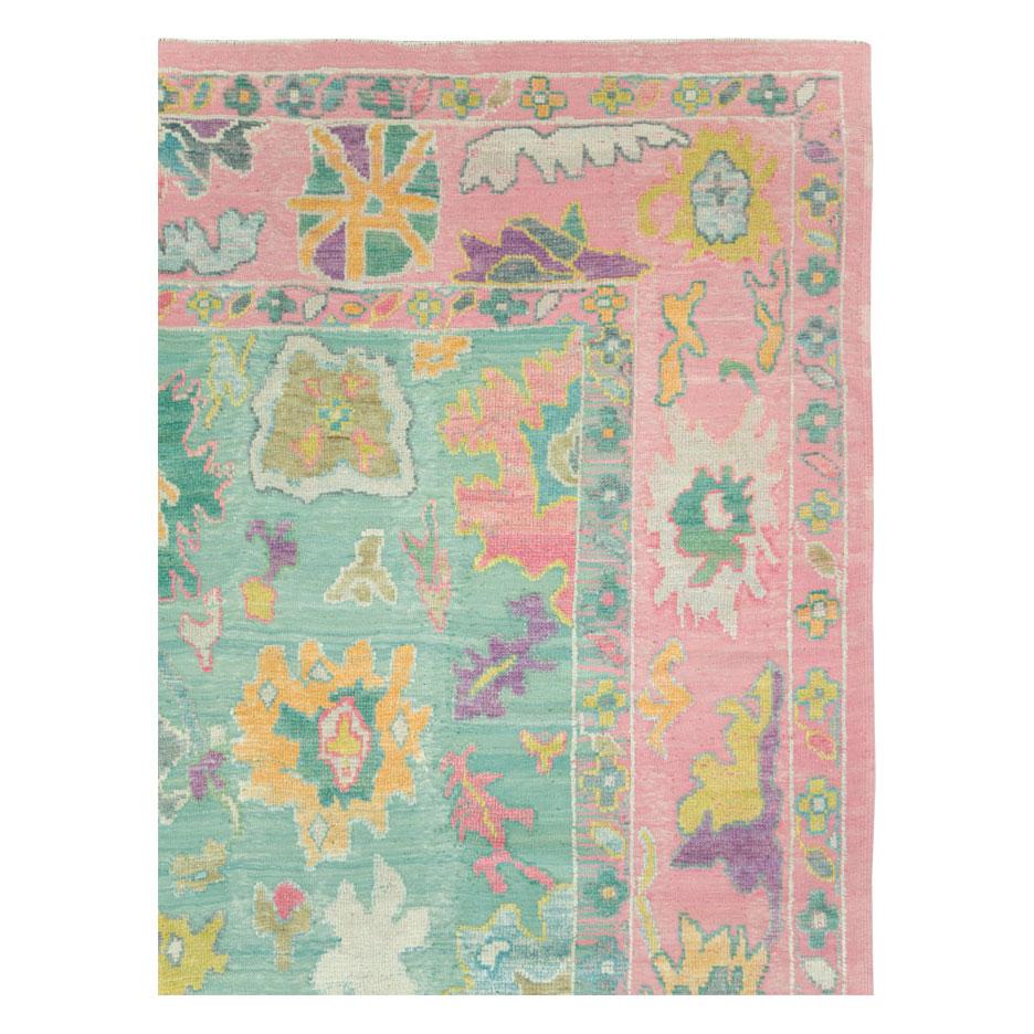 Hand-Woven Contemporary and Colorful Turkish Souf Oushak Room Size Carpet in Pink and Green For Sale
