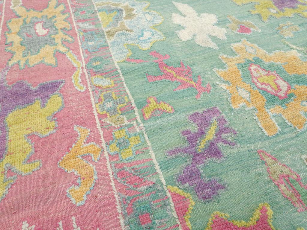 Wool Contemporary and Colorful Turkish Souf Oushak Room Size Carpet in Pink and Green For Sale