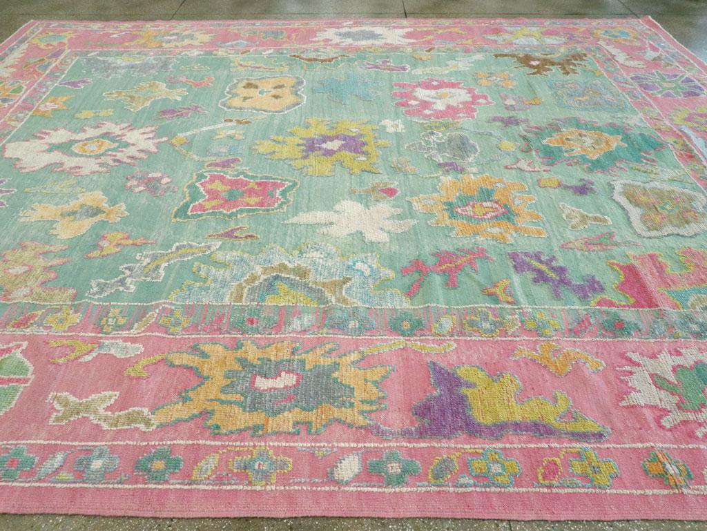 Contemporary and Colorful Turkish Souf Oushak Room Size Carpet in Pink and Green For Sale 2