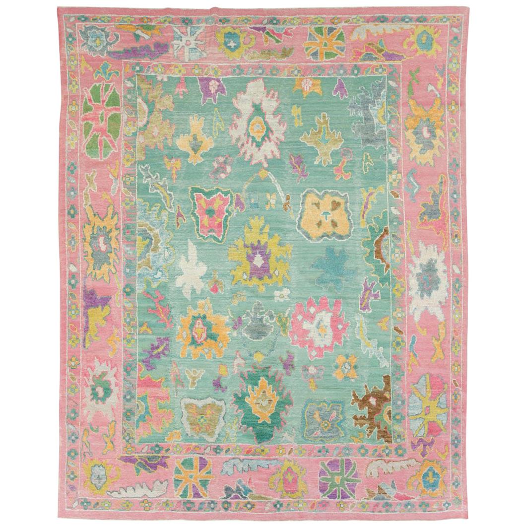 Contemporary and Colorful Turkish Souf Oushak Room Size Carpet in Pink and Green