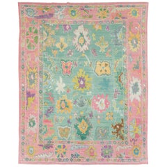 Tapis Souf Oushak turc contemporain et coloré, rose et vert, à usage domestique