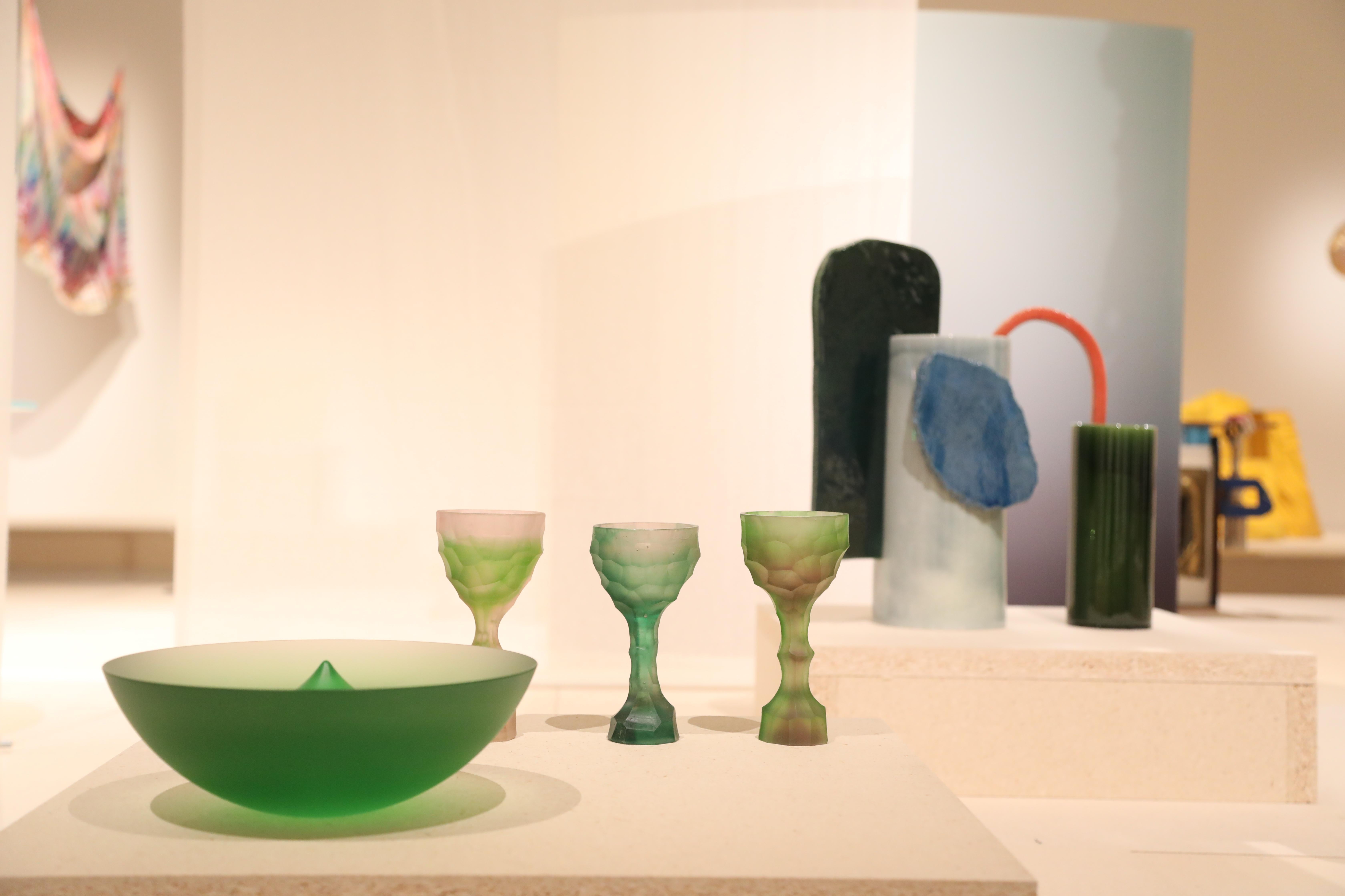 French Contemporary and Green Glass Casted Stone Age Goblets by Alissa Volchkova For Sale