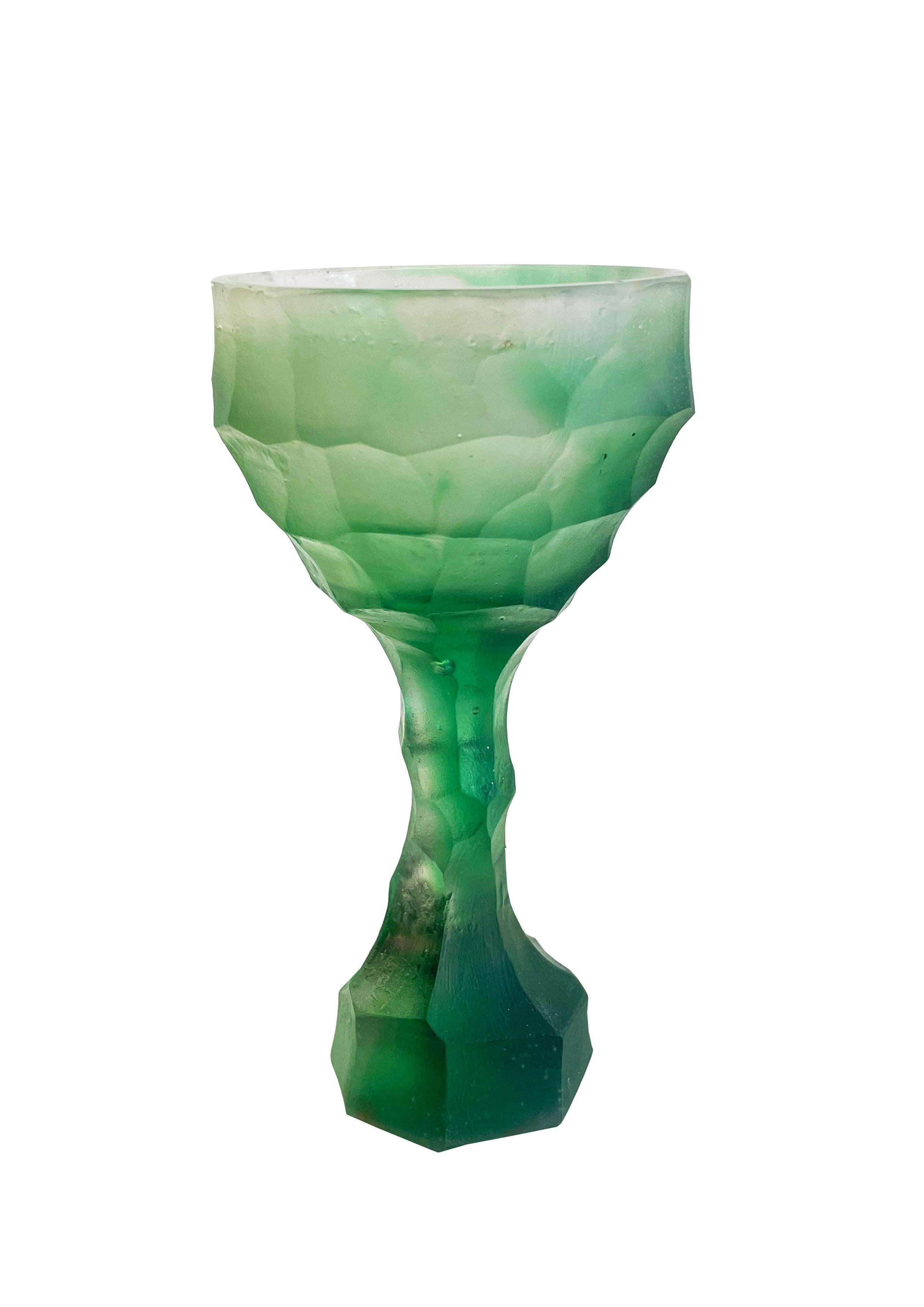 French Contemporary and Light Green Glass Casted Stone Age Goblets by Alissa Volchkova For Sale