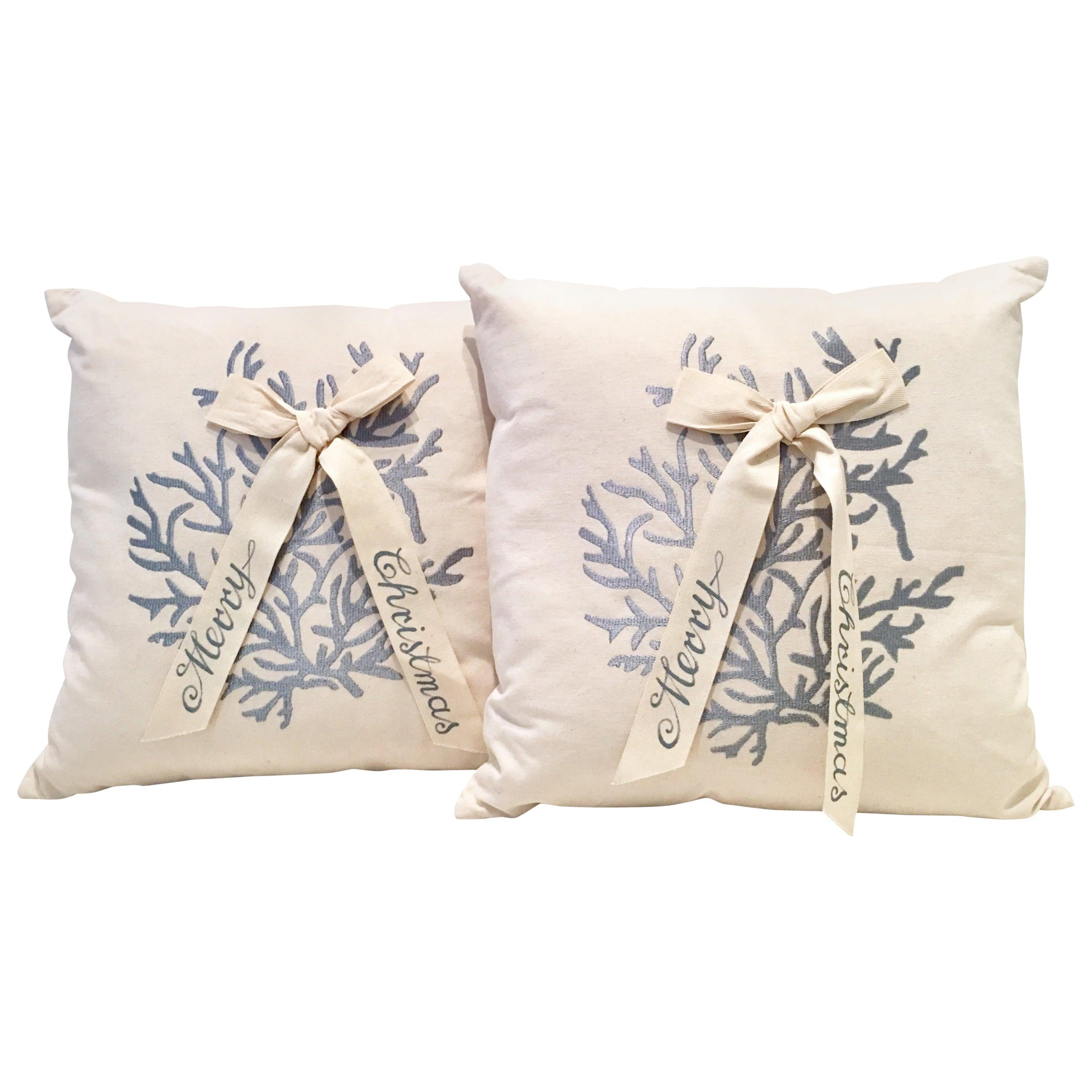 Contemporary and New Pair of "Merry Christmas" Down Filled Decorative Pillows For Sale