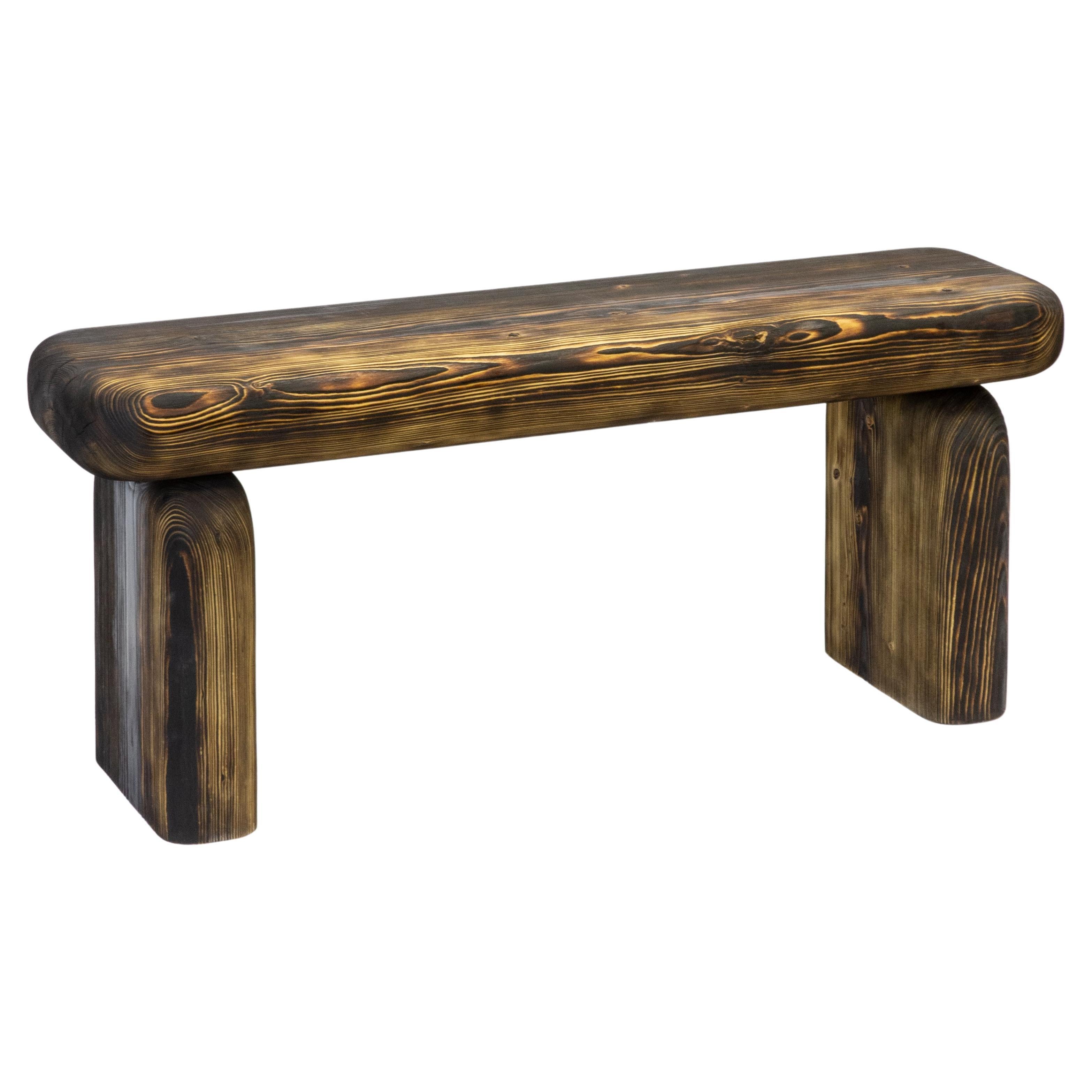 Contemporary and Tangible Burned Spruce Wooden Tiger Bench by Lisa Ertel For Sale