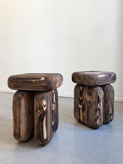 Contemporary and Tangible Burned Spruce Wooden Tiger Stool by Lisa Ertel