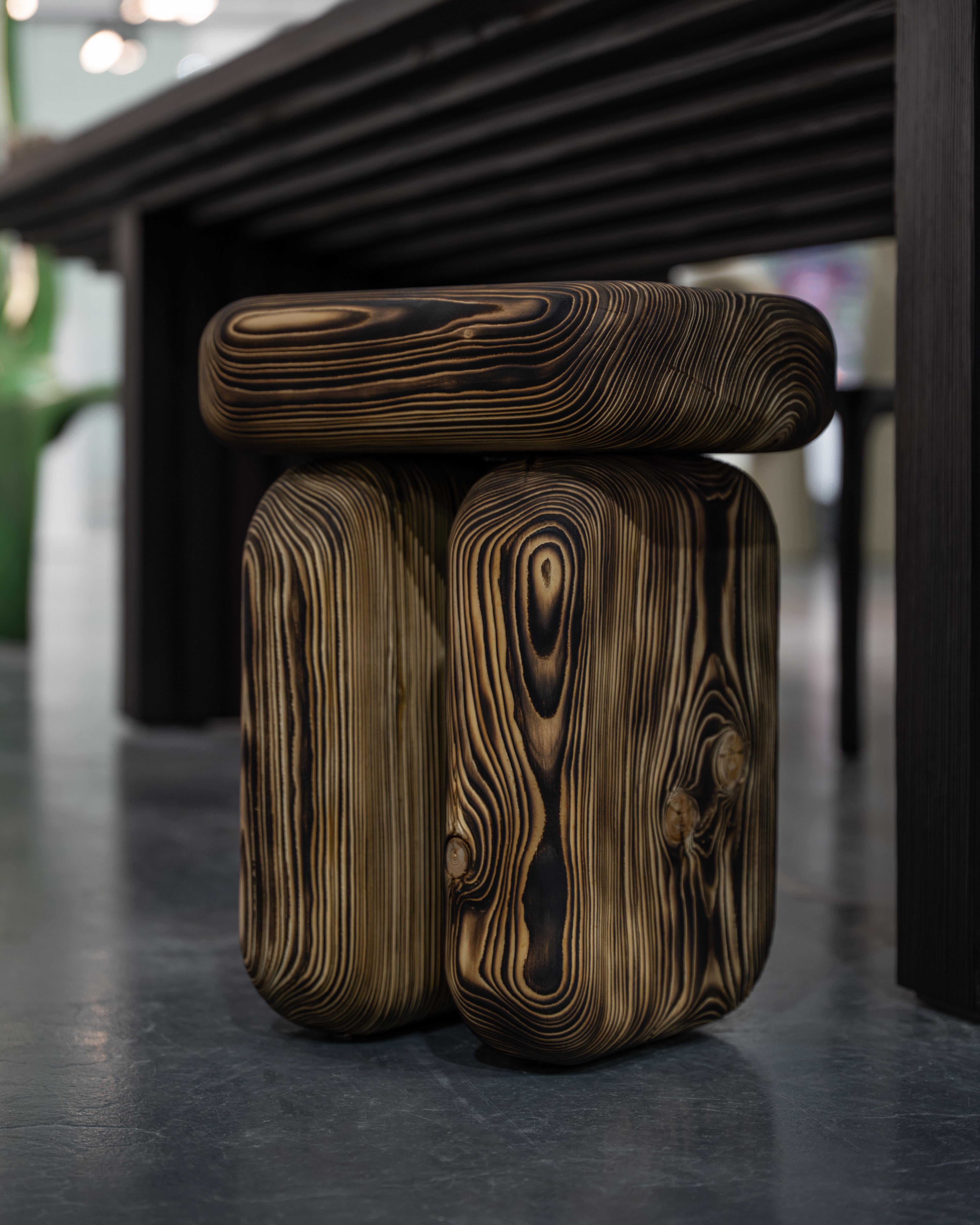 Contemporary and Tangible Burned Spruce Wooden Tiger Stool by Lisa Ertel In New Condition For Sale In 1204, CH