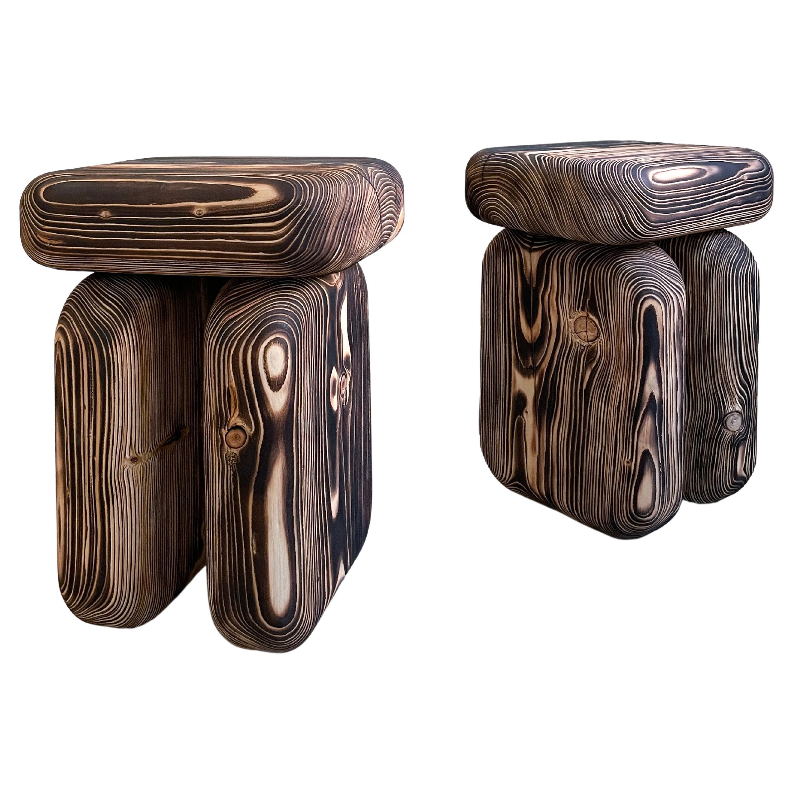 Contemporary and Tangible Burned Spruce Wooden Tiger Stool by Lisa Ertel