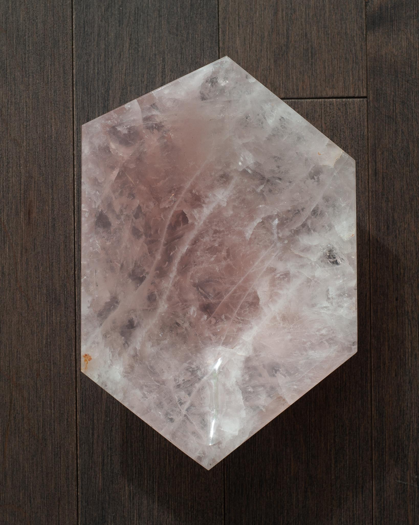 A stunning contemporary vibrant pink rose quartz bowl with angular faceted shape. Invite the healing energy of rose quartz into your interior with a beautiful and functional bowl. This piece is cut like a gemstone and is a saturated shade of pink.
 