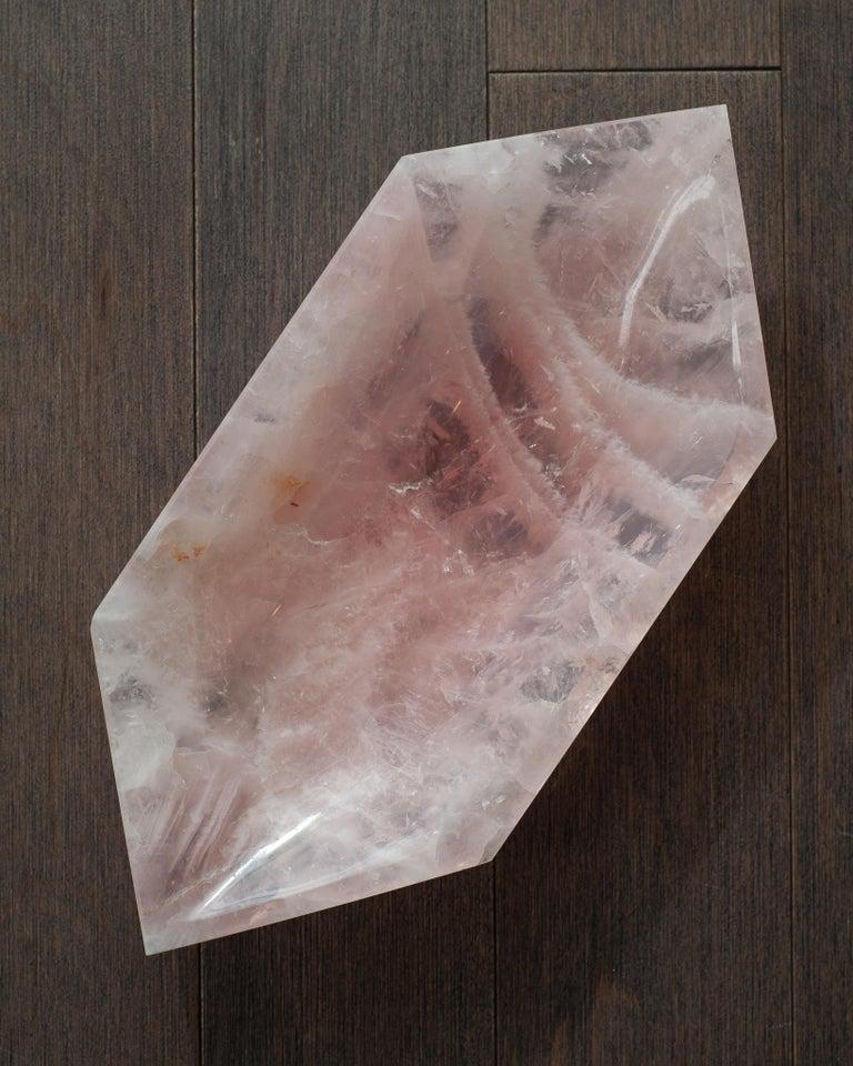 A stunning contemporary vibrant pink rose quartz bowl with angular faceted shape. Invite the healing energy of rose quartz into your interior with a beautiful and functional bowl. This piece is cut like a gemstone and is a saturated shade of pink.
