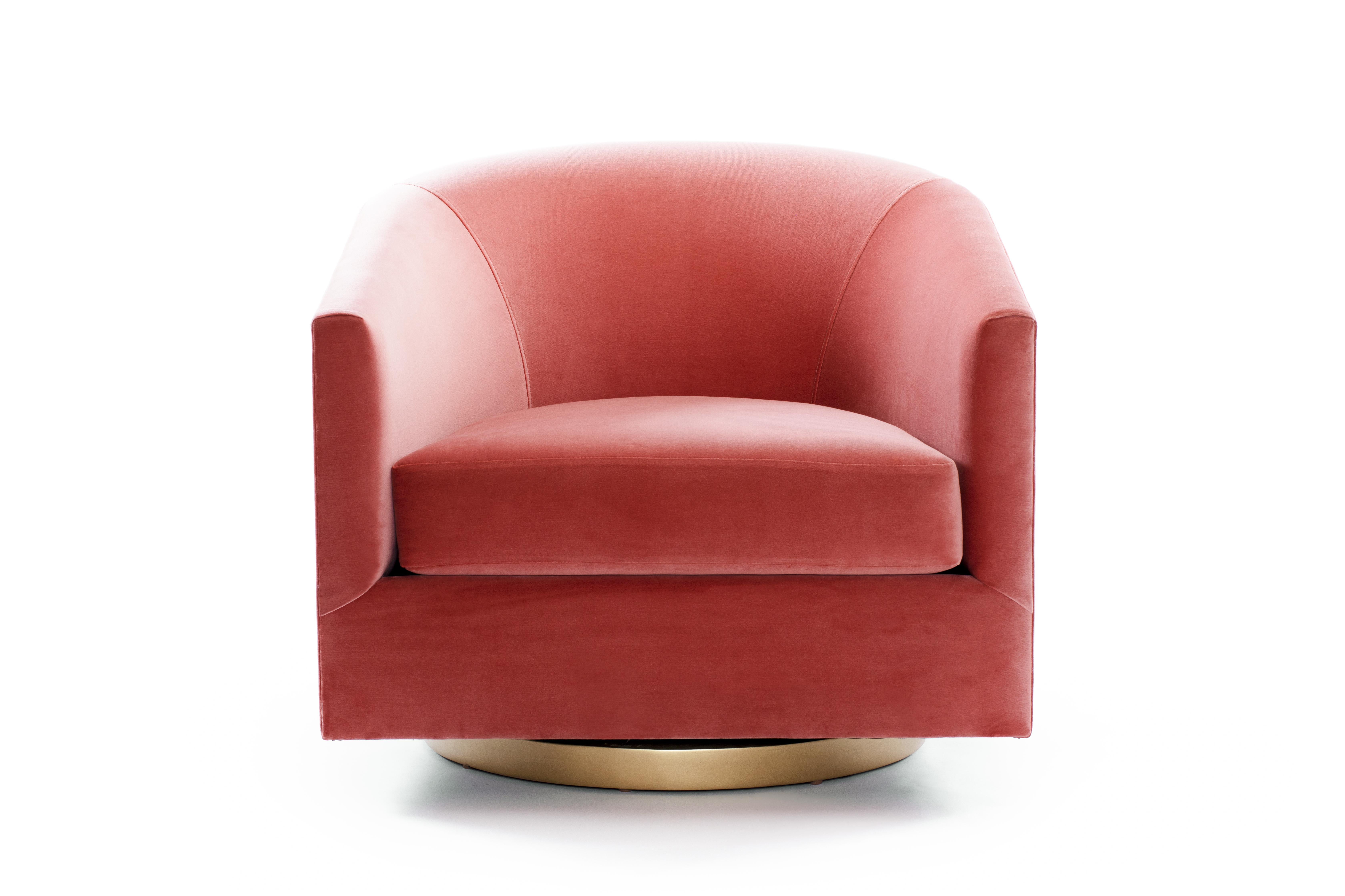 Reminiscent of enjoying a glass of rosé while overlooking the Amalfi coast, the Anna swivel provides a relaxing, high-class feeling wherever she's placed. 

Shown in coral velvet and persimmon wool with brass finished base. Additional fabrics