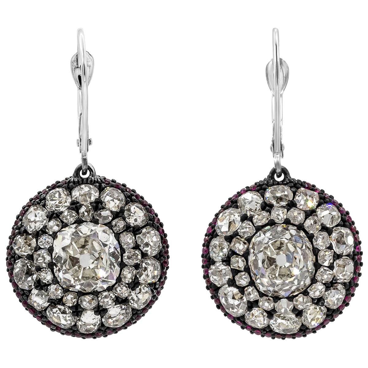 Roman Malakov 9.54 Carats Total Old Mine Cut Diamond and Ruby Dangle Earrings For Sale