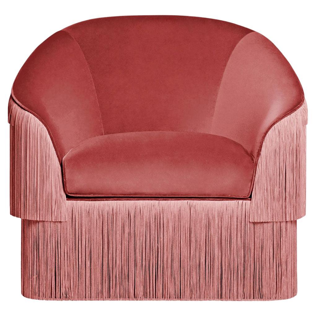 Contemporary Antique Pink Velvet Armchair with Silk Fringe Accents For Sale