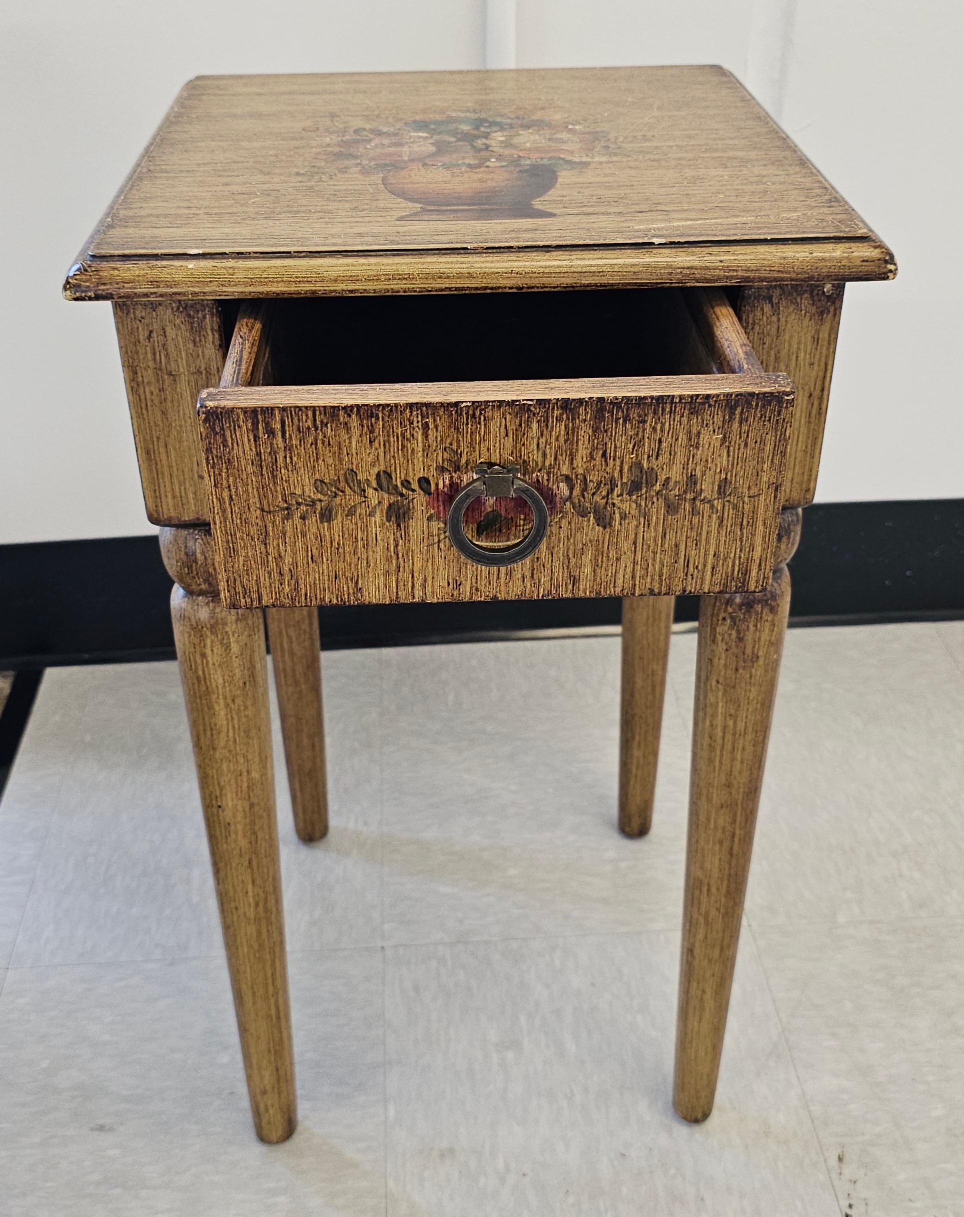 American Contemporary Antiqued Painted and Decorated Single Drawer Side Table For Sale