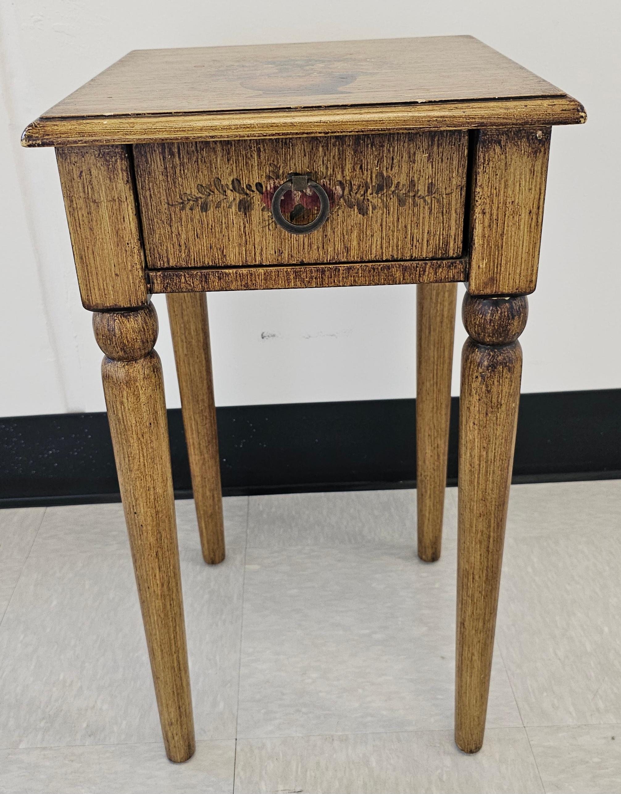 20th Century Contemporary Antiqued Painted and Decorated Single Drawer Side Table For Sale