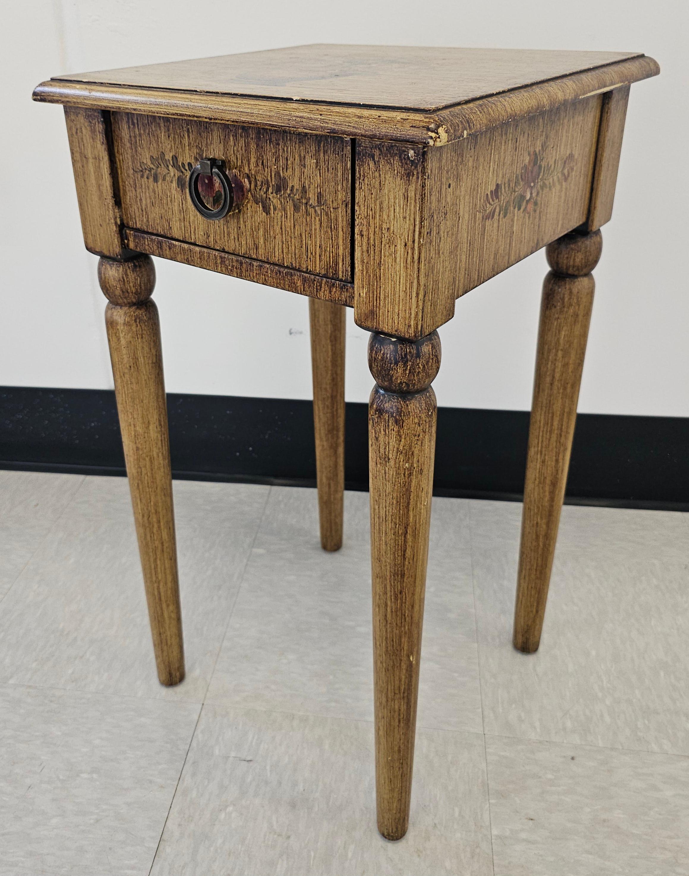 Contemporary Antiqued Painted and Decorated Single Drawer Side Table For Sale 1