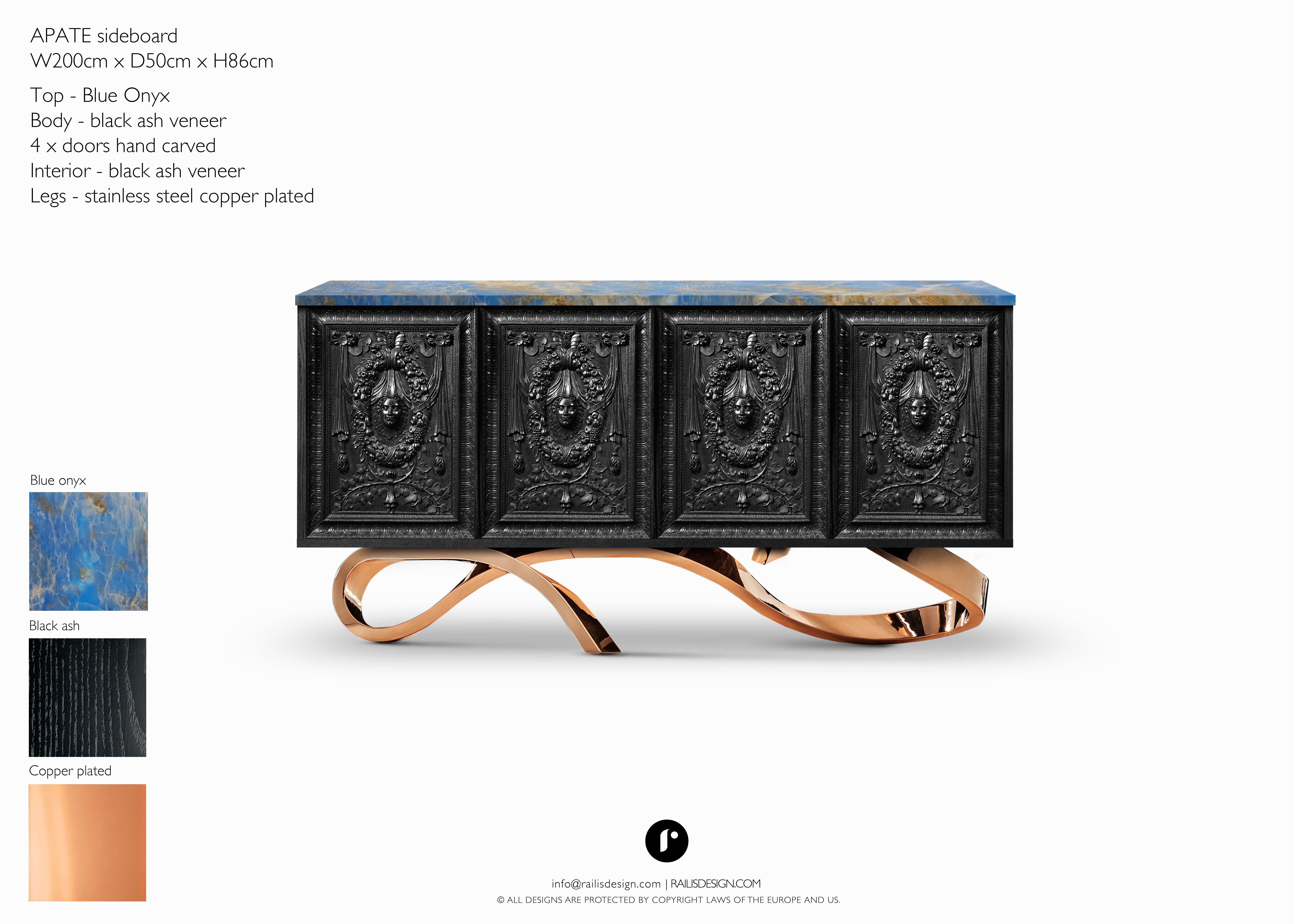 Sideboard Apate.

The Exclusive Apate Luxury Sideboard, the perfect union of materials, a harmony of forms. A luxurious seductive piece, handcrafted by Railis Design craftsmen with superb attention to detail. This unique sideboard offers exceptional