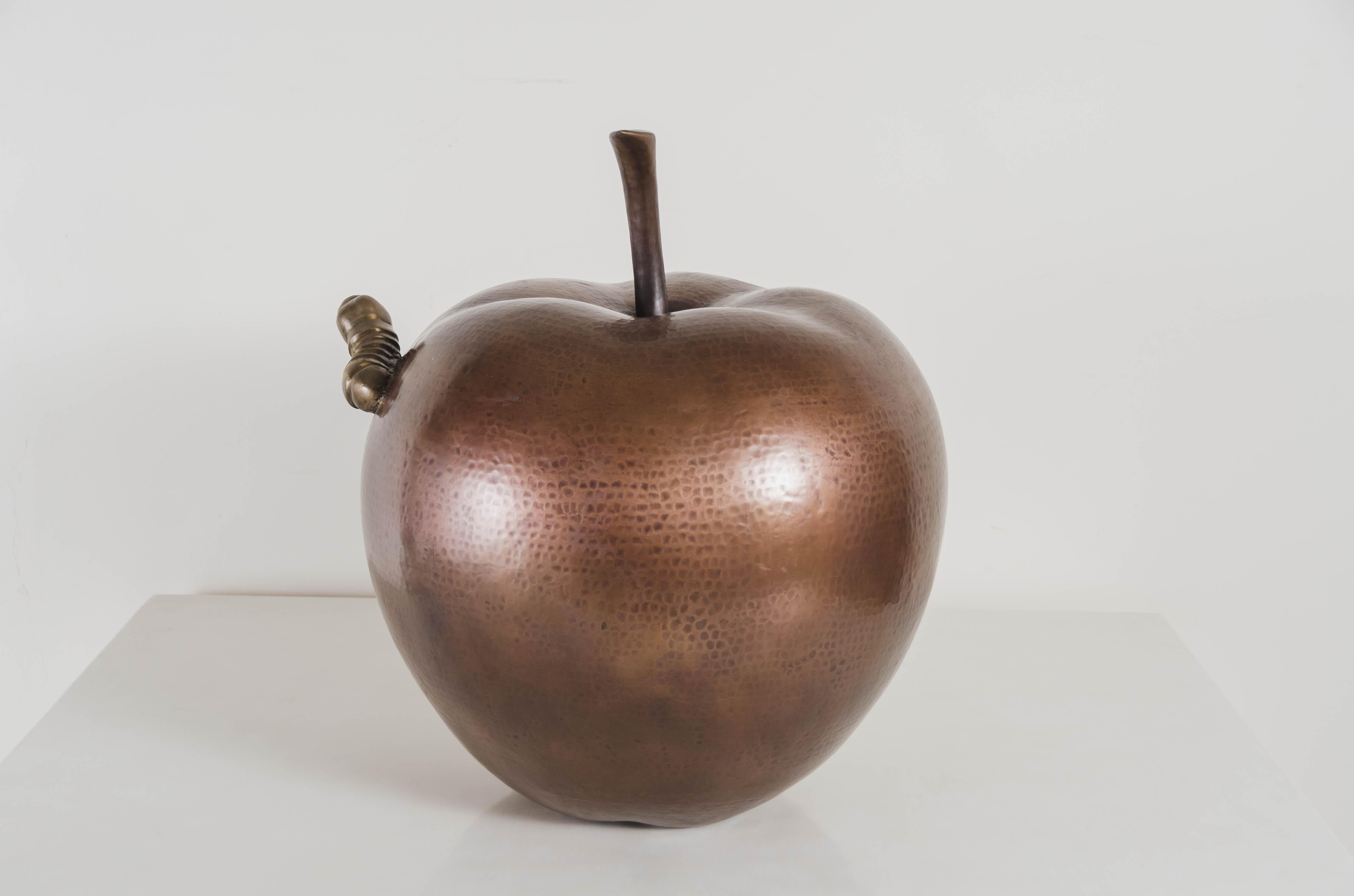 Modern Contemporary Apple w/ Worm Sculpture in Antique Copper and Brass by Robert Kuo For Sale