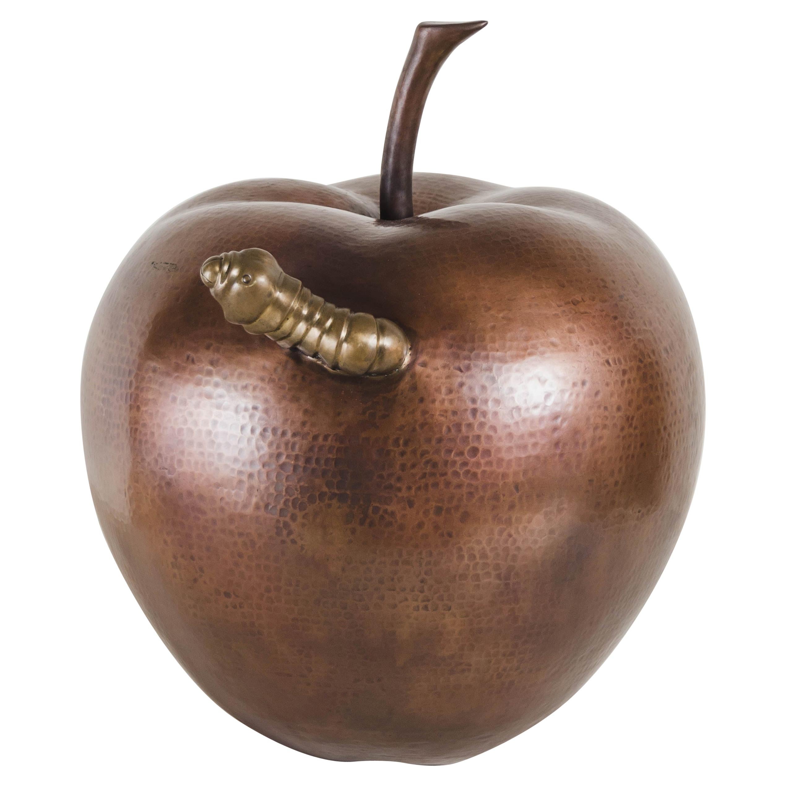 Contemporary Apple w/ Worm Sculpture in Antique Copper and Brass by Robert Kuo