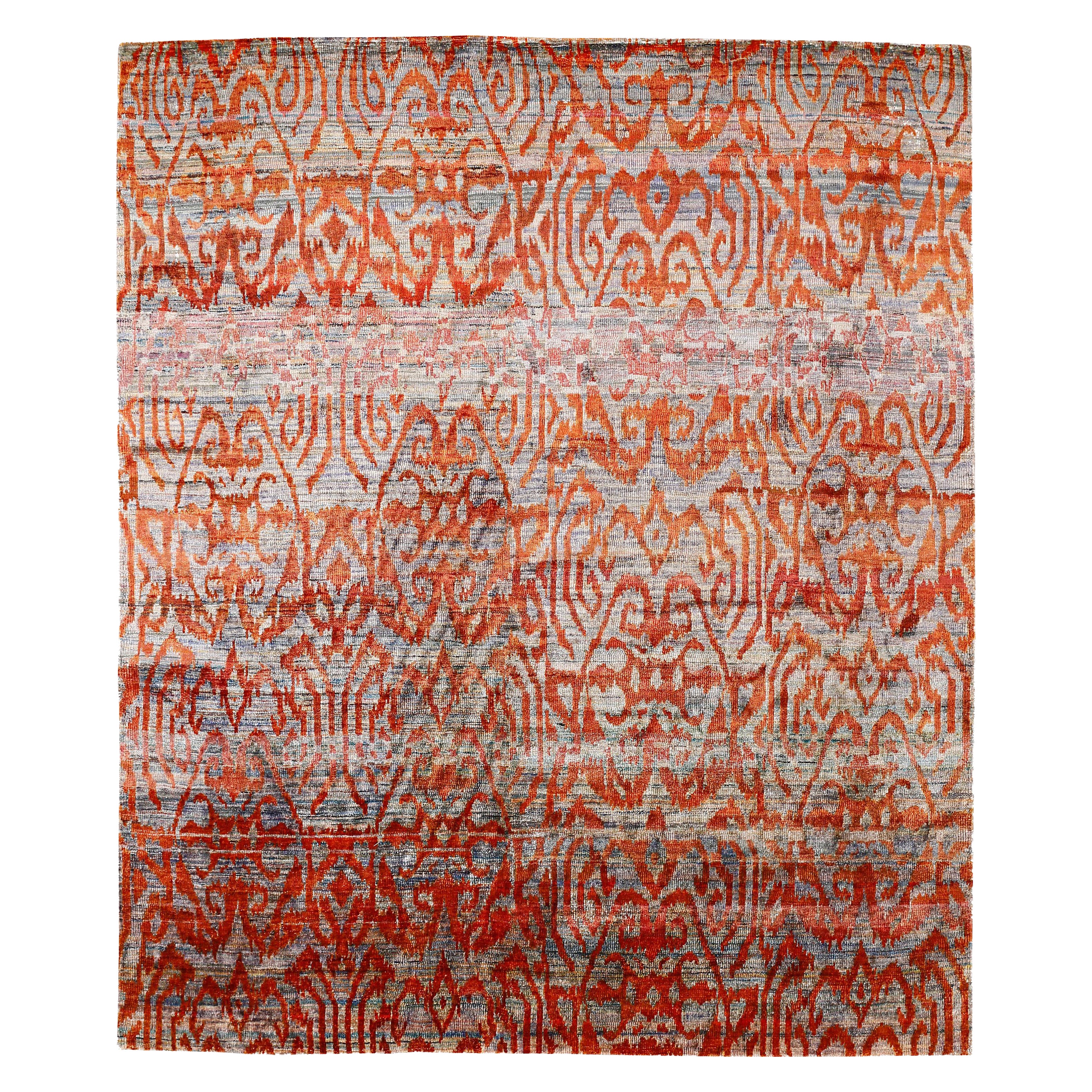 Tappeto contemporaneo in seta Sari indiano blu acqua con motivo Ikat
