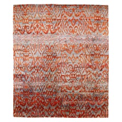 Contemporary Aqua Blue Indischer Sari Seidenteppich mit Ikat-Muster