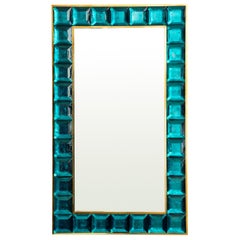 Miroir contemporain en verre de Murano aigue-marine et diamant, en stock