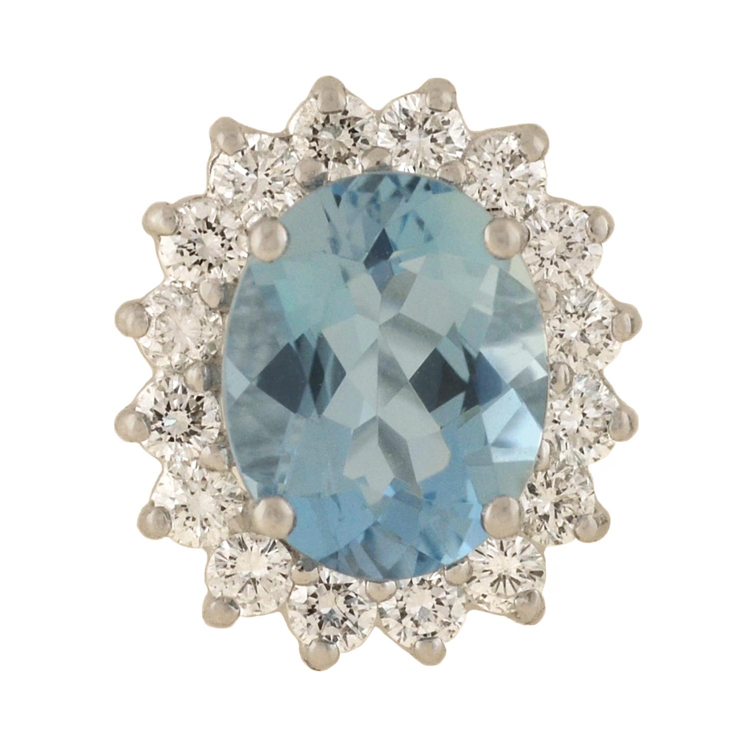 A gorgeous pair of Estate aquamarine and diamond earrings! Crafted in 18kt white gold, each stud displays a fabulous gemstone cluster design. The faceted oval-shaped aquamarines each weigh approximately 2.00ct, for a combined weight of 4.00ctw, and