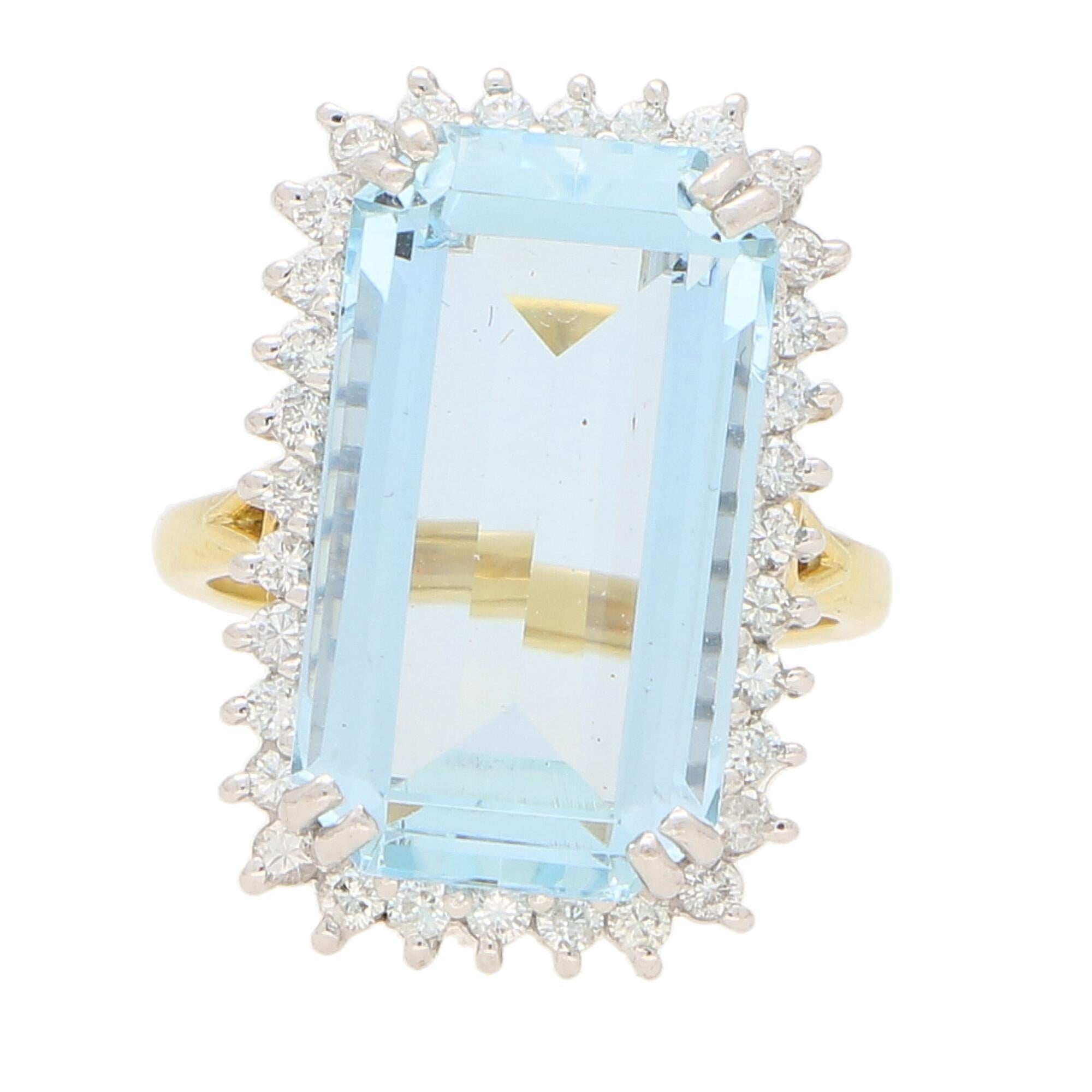 Emerald Cut Contemporary Aquamarine and Diamond Cocktail Ring in 18k Yellow and White Gold