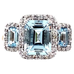 Contemporary 2.88 CTW Emerald-Cut Aquamarine and Diamond Halo White Gold Ring