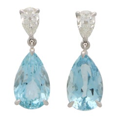 Contemporary Aquamarine and GIA Certified Diamond Pear Cut Drop Earrings 