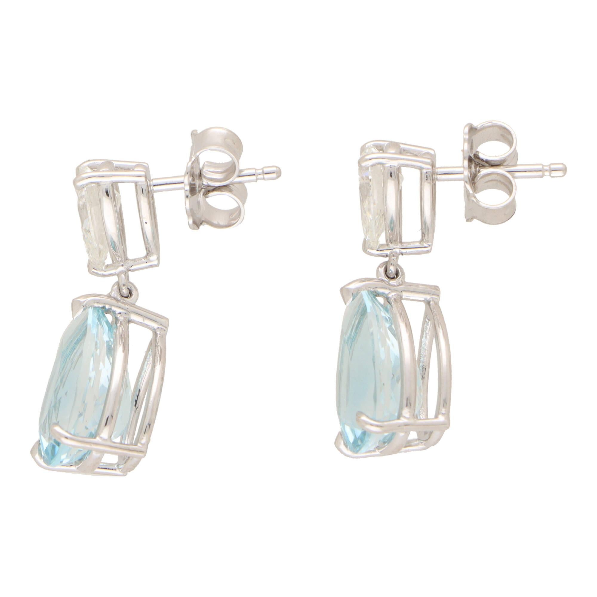 Pear Cut Contemporary Aquamarine and GIA Certified Diamond Drop Earrings in Platinum