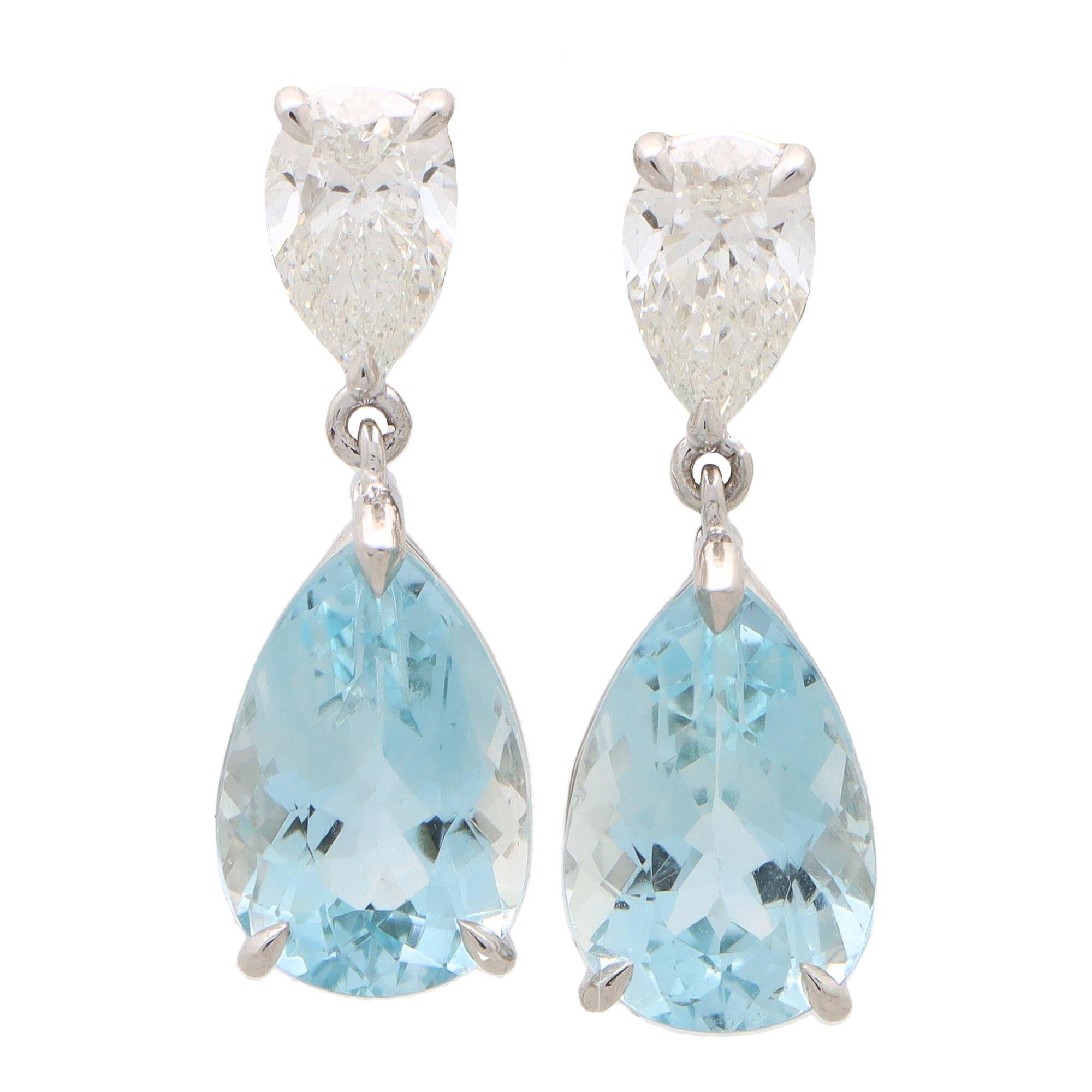 Contemporary Aquamarine and GIA Certified Diamond Drop Earrings in Platinum In New Condition In London, GB