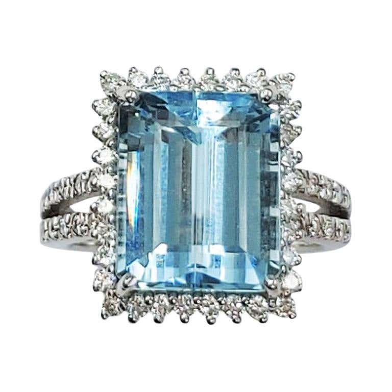 Customizable Aquamarine Diamond Ring, 14 Karat White Gold, Halo, 3 ...