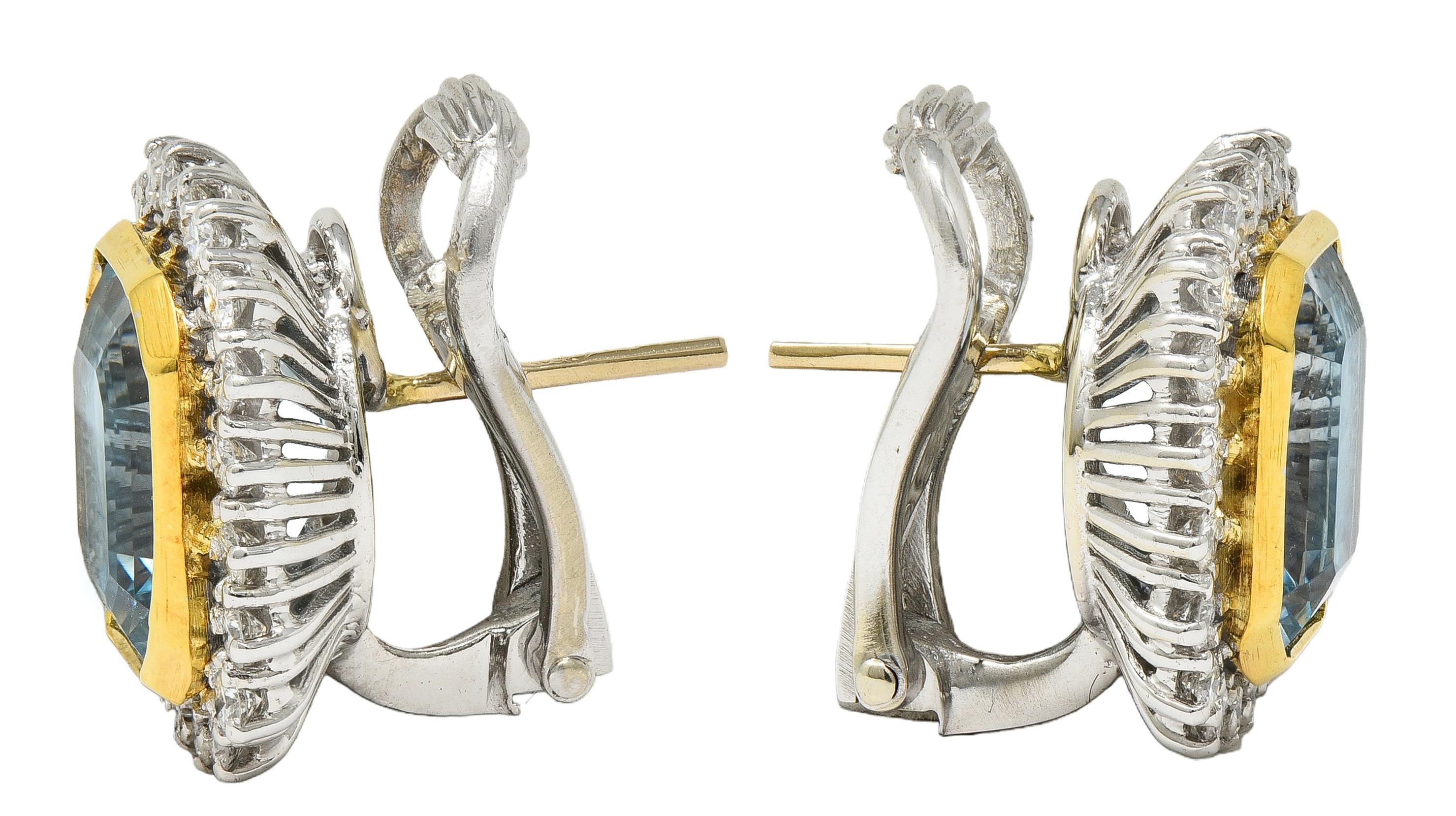 Pendientes Halo Contemporáneos de Diamante Aguamarina 10.00 CTW Oro de Dos Tonos de 18 Kilates Corte esmeralda en venta