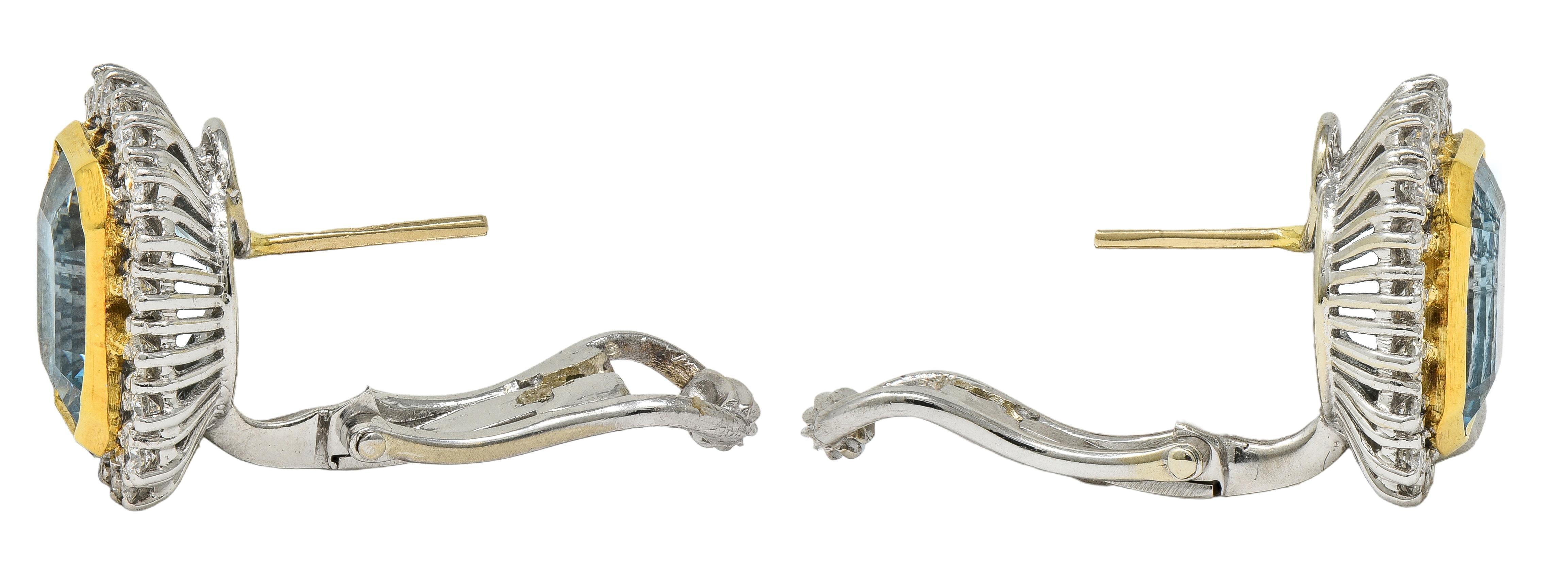 De las mujeres Pendientes Halo Contemporáneos de Diamante Aguamarina 10.00 CTW Oro de Dos Tonos de 18 Kilates en venta