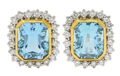 Boucles d'oreilles contemporaines aigue-marine diamant 10.00 CTW en or bicolore 18 carats