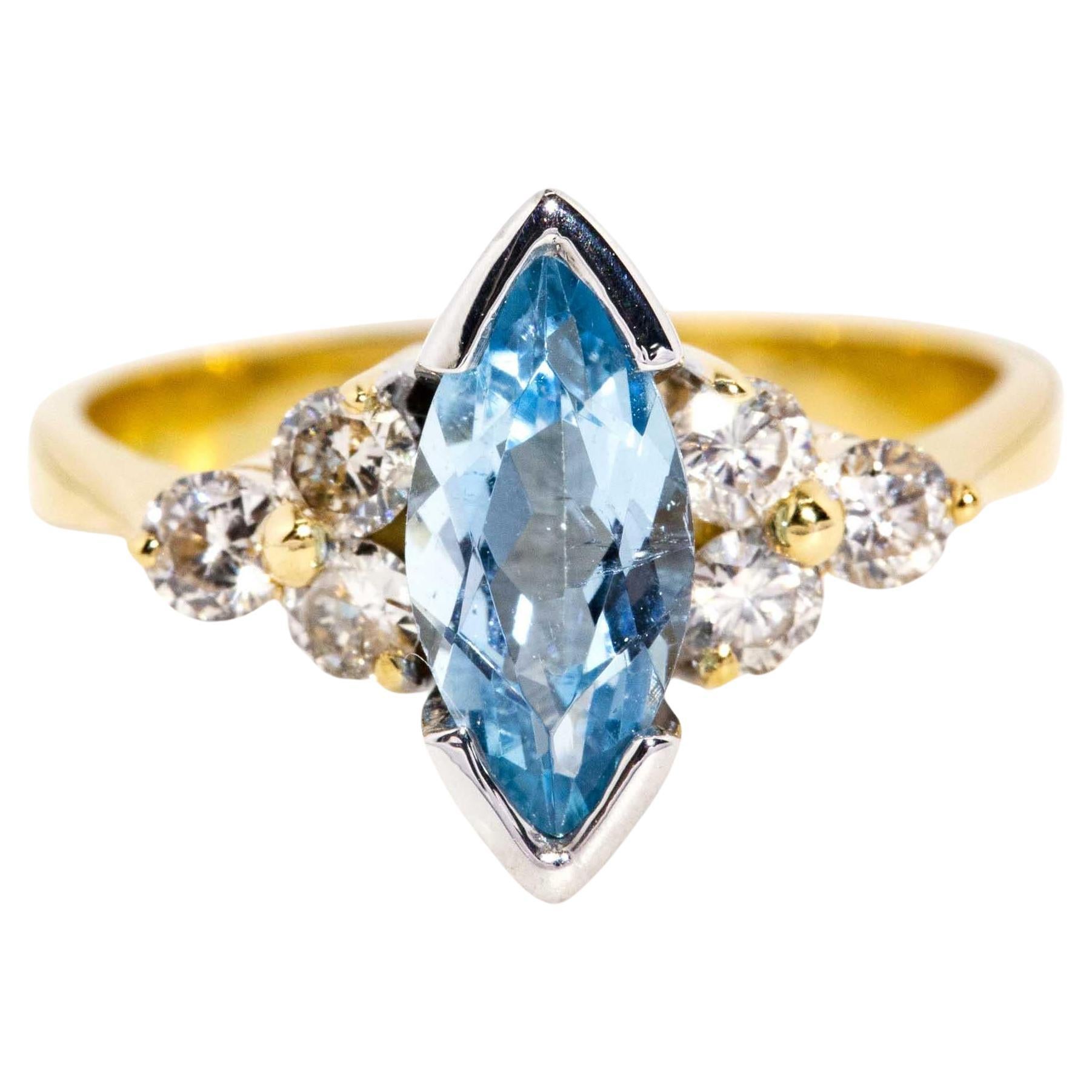 Contemporary Aquamarine & Diamond Marquise Ring 18 Carat Yellow & White Gold