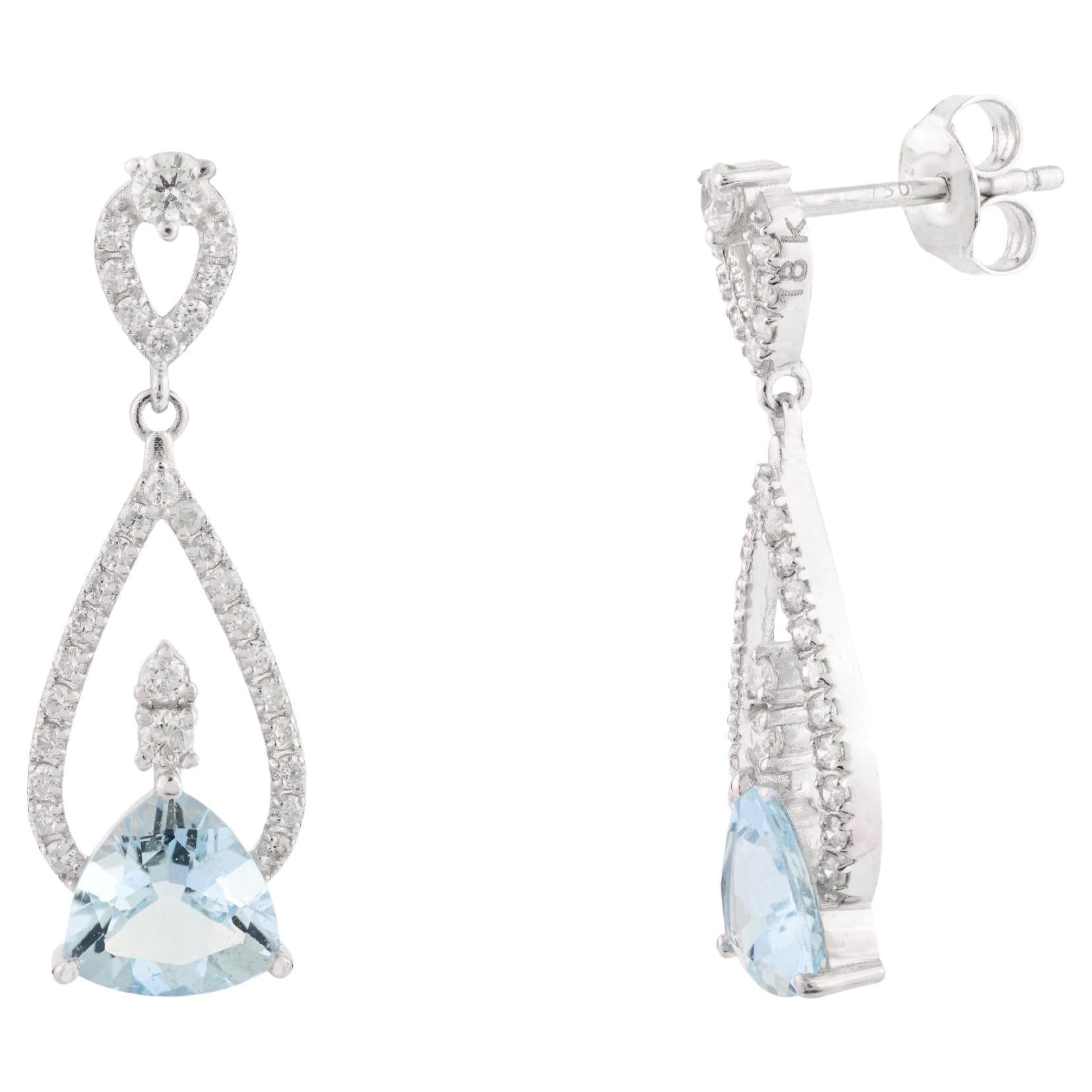 Contemporary Aquamarine Drop Earrings with Diamonds in 18k Solid White Gold