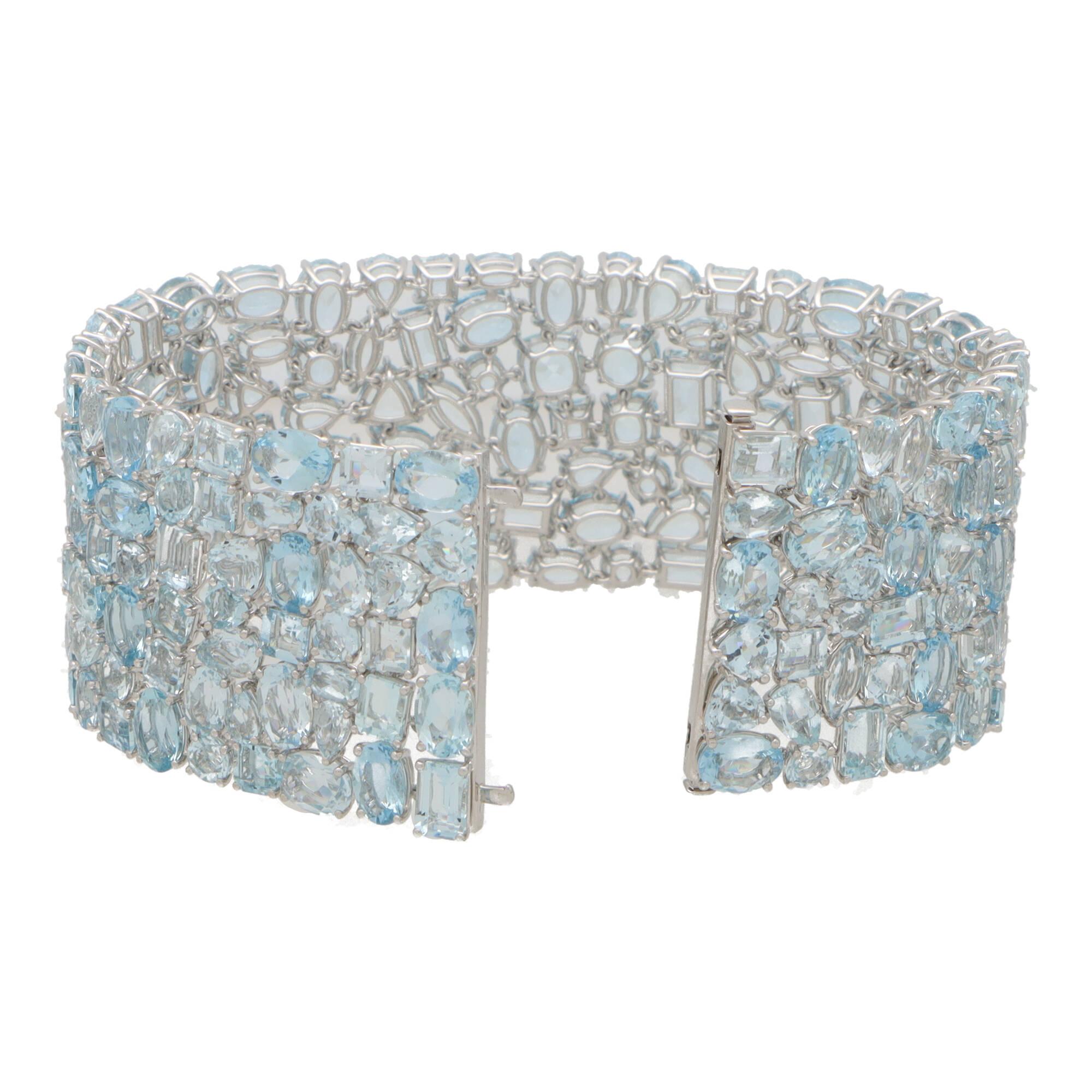 Mixed Cut Contemporary Aquamarine Panel Bracelet Set in 18k White Gold For Sale