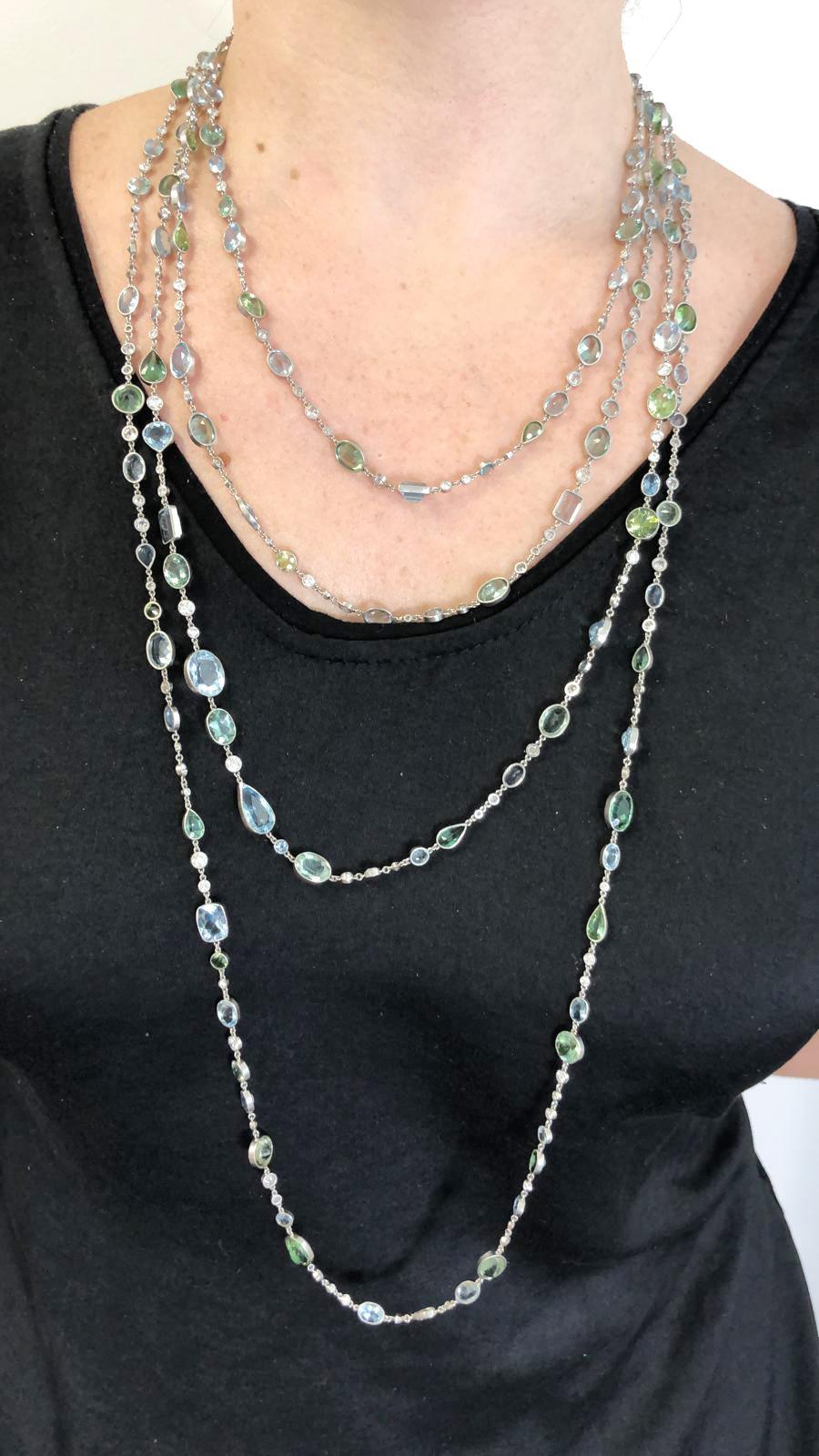 Contemporary Aquamarine Tourmaline Diamond Platinum Long Necklace In Good Condition For Sale In New York, NY
