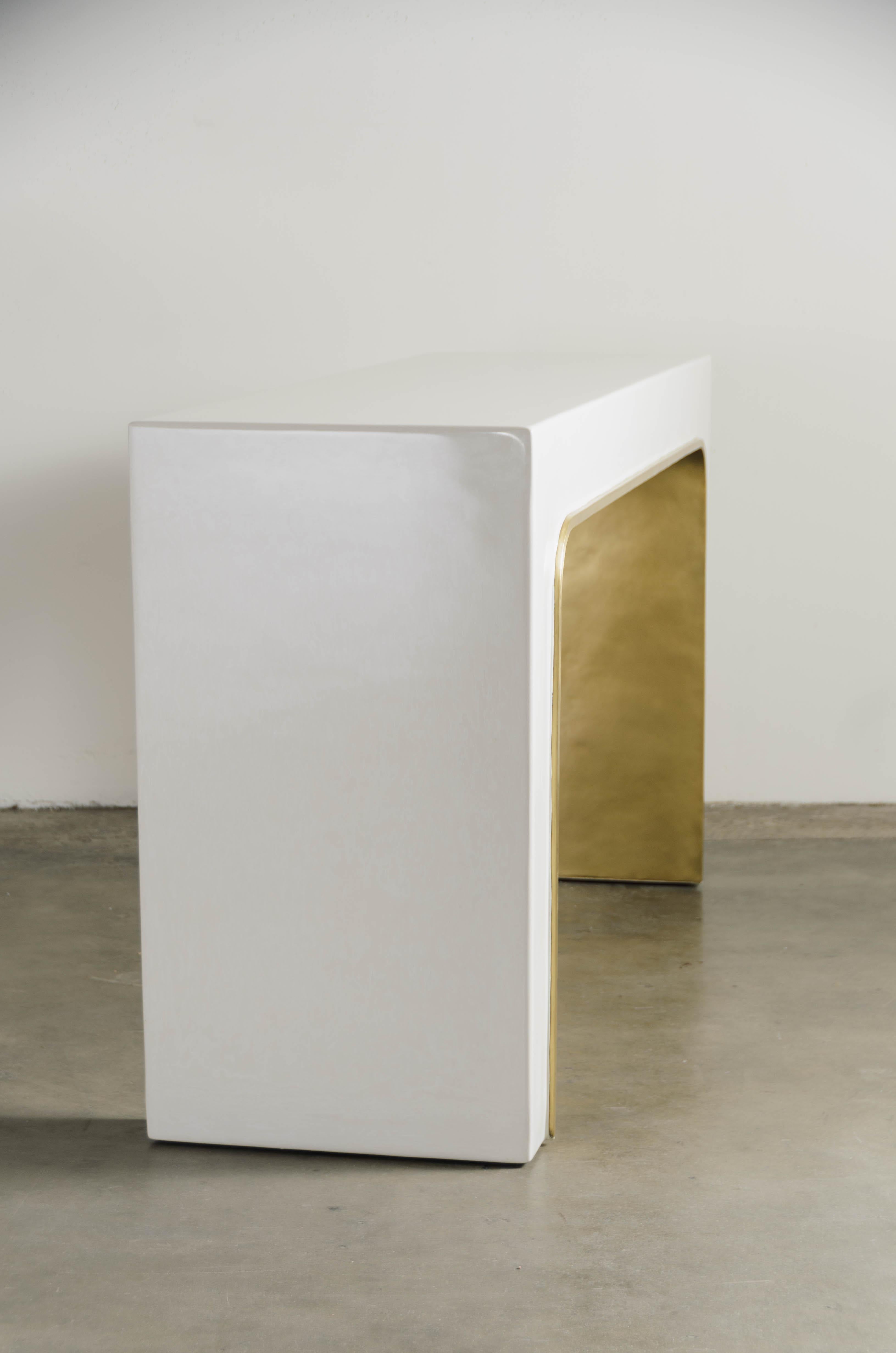 Lacquered Contemporary Arch Console w/ Brass Trim in Cream Lacquer by Robert Kuo For Sale