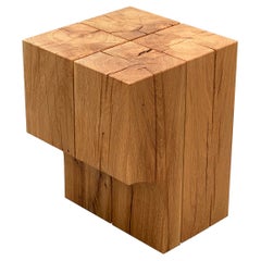 Contemporary arch stool side table, natural oak & brass details, Belgian design