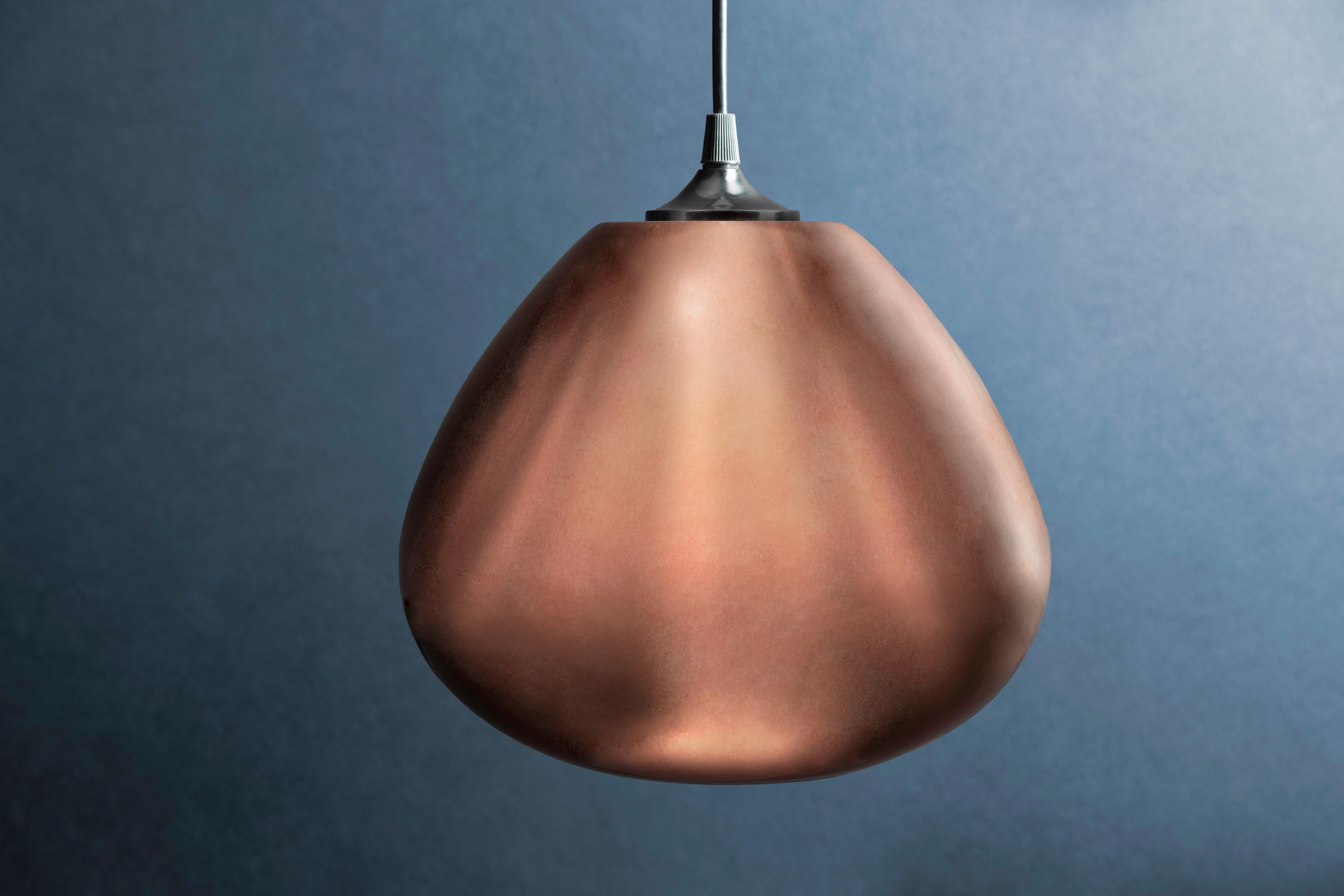 Modern Contemporary Architectural Hand Blown Warm Metallic Copper Pendant Lamp For Sale